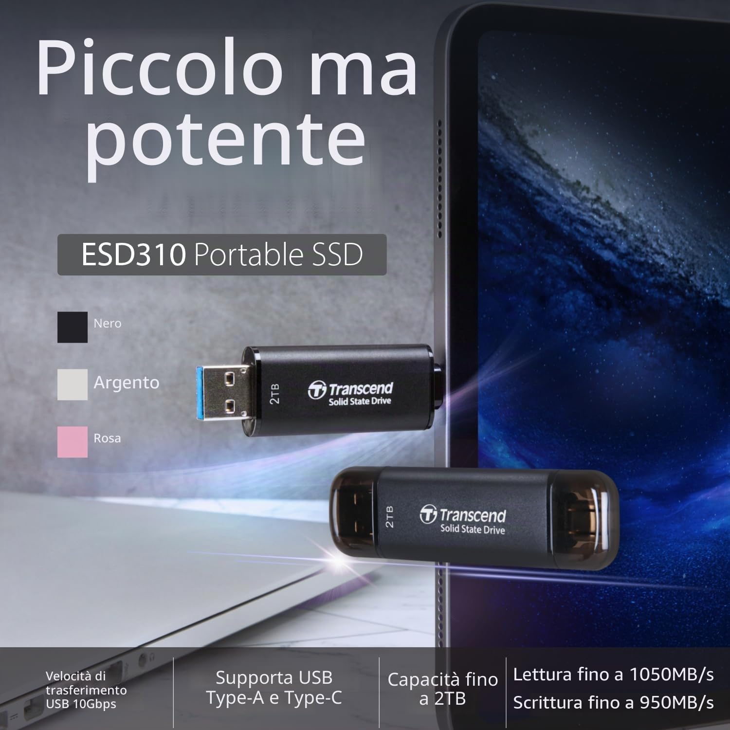 transcend-esd310s-ssd-portatile-512gb-usb-10gbps-type-a-type-c-argento image 2