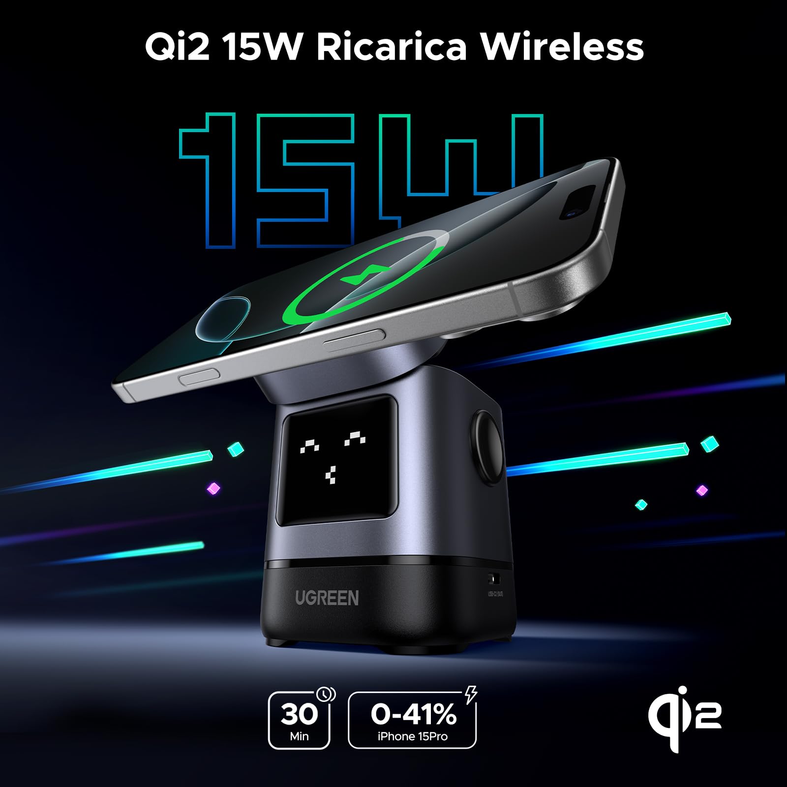 ugreen-uno-stazione-ricarica-wireless-magnetica-qi2-15w-2-in-1-per-iphone-e-airp image 2
