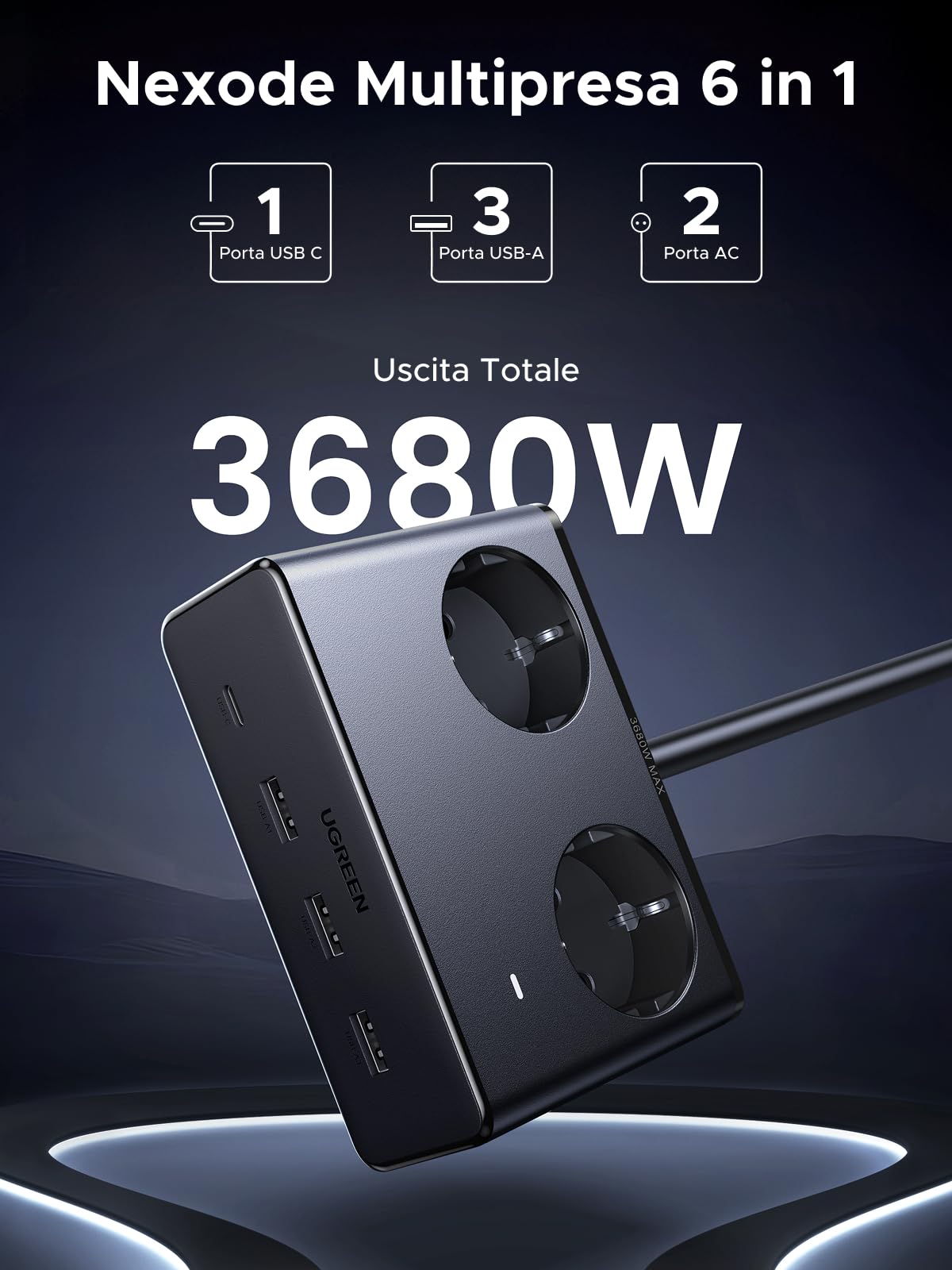 ugreen-ciabatta-multipresa-6-in-1-3680w-con-2-prese-ac-4-usb-pd-20w-cavo-1-5m image 3