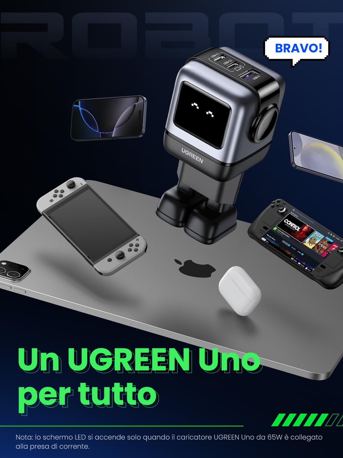 ugreen-uno-robot-caricatore-usb-c-gan-65w-3-porte-con-display-led image 7