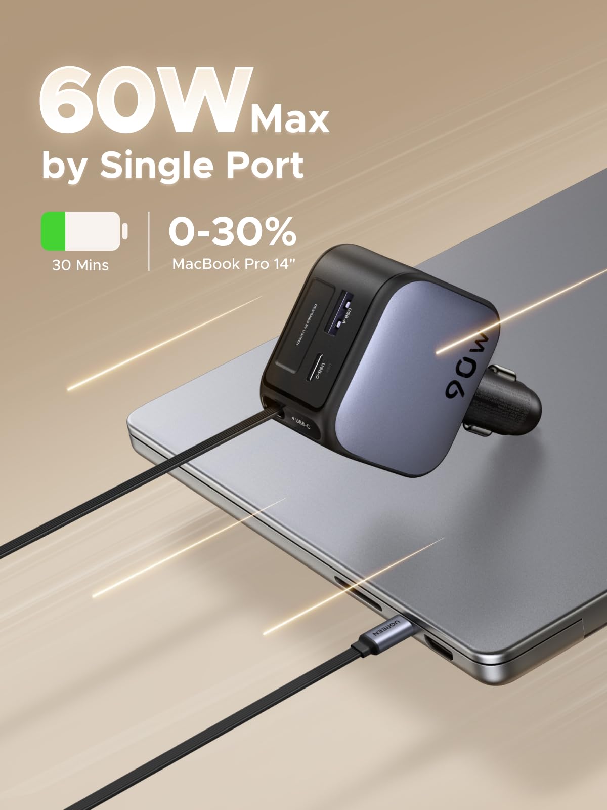 ugreen-nexode-caricatore-auto-usb-c-retrattile-90w-3-porte image 3