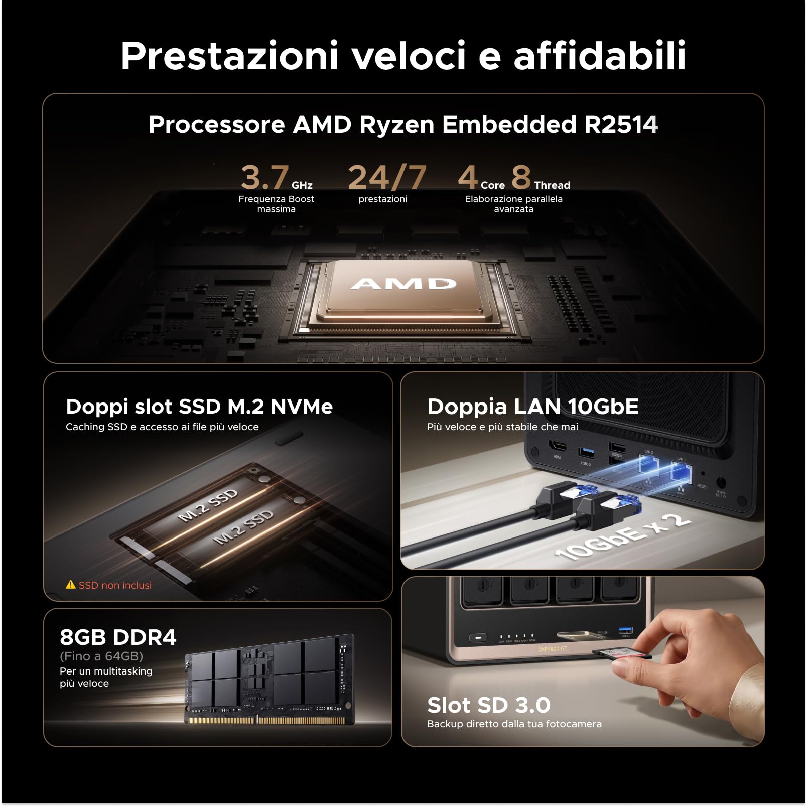 ugreen-nasync-dxp4800-gt-nas-4-vani-diskless-ryzen-r2514-2x-10gbe-8gb-ddr4-hdmi- image 2