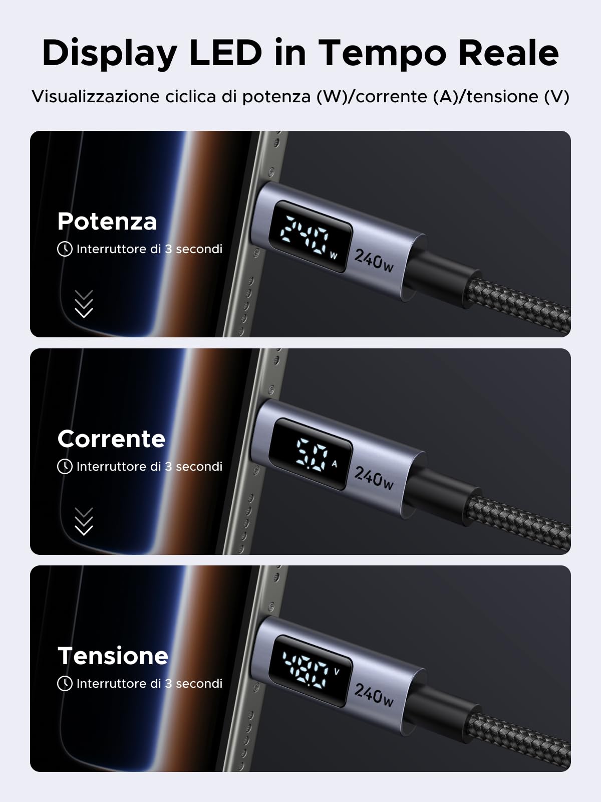 ugreen-cavo-usb-c-pd-3-1-240w-con-display-led-2m-nylon-nero image 3