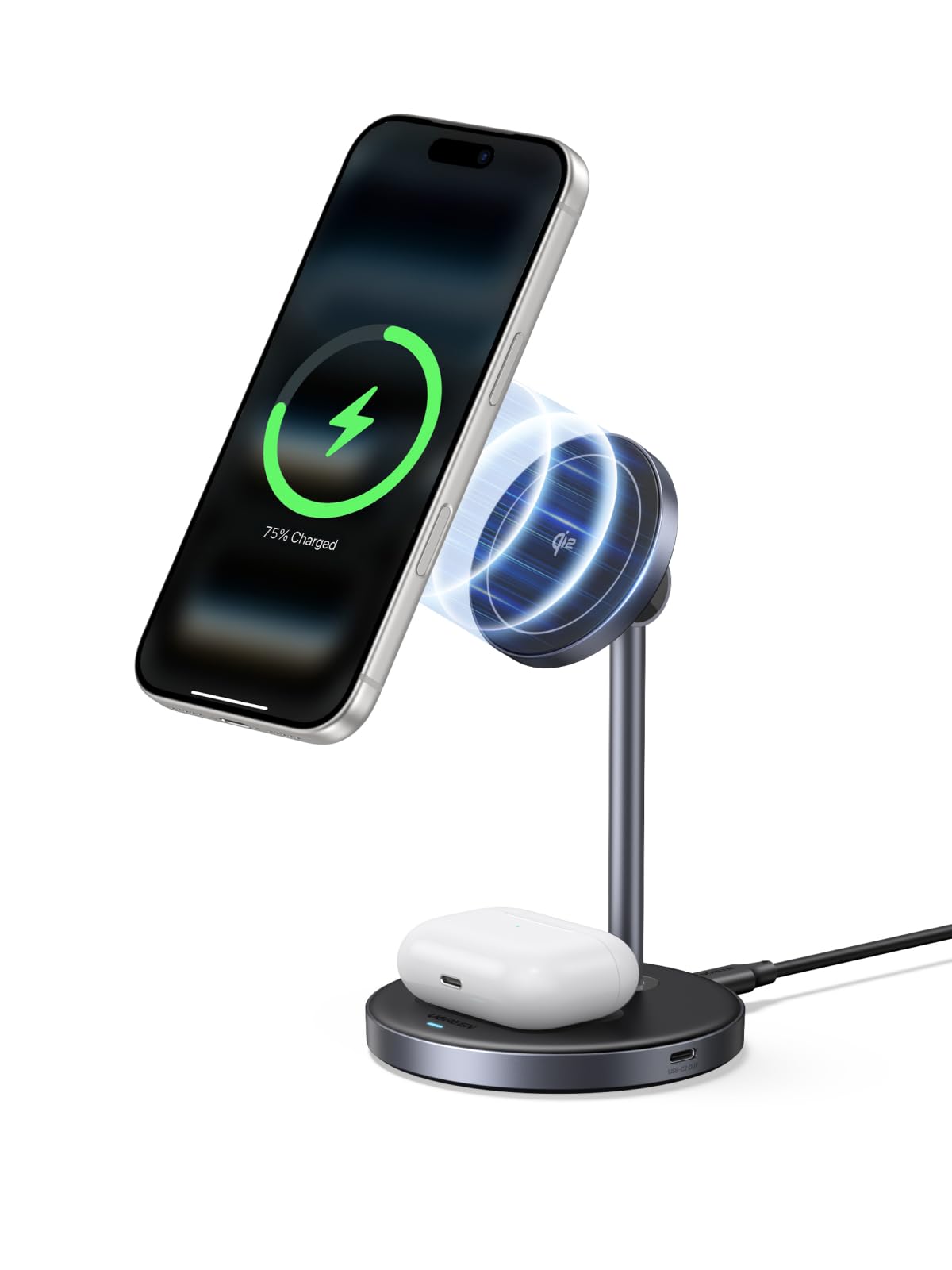 ugreen-zapix-2-in-1-caricatore-wireless-magnetico-qi2-15w-con-stand-regolabile-1 image 1