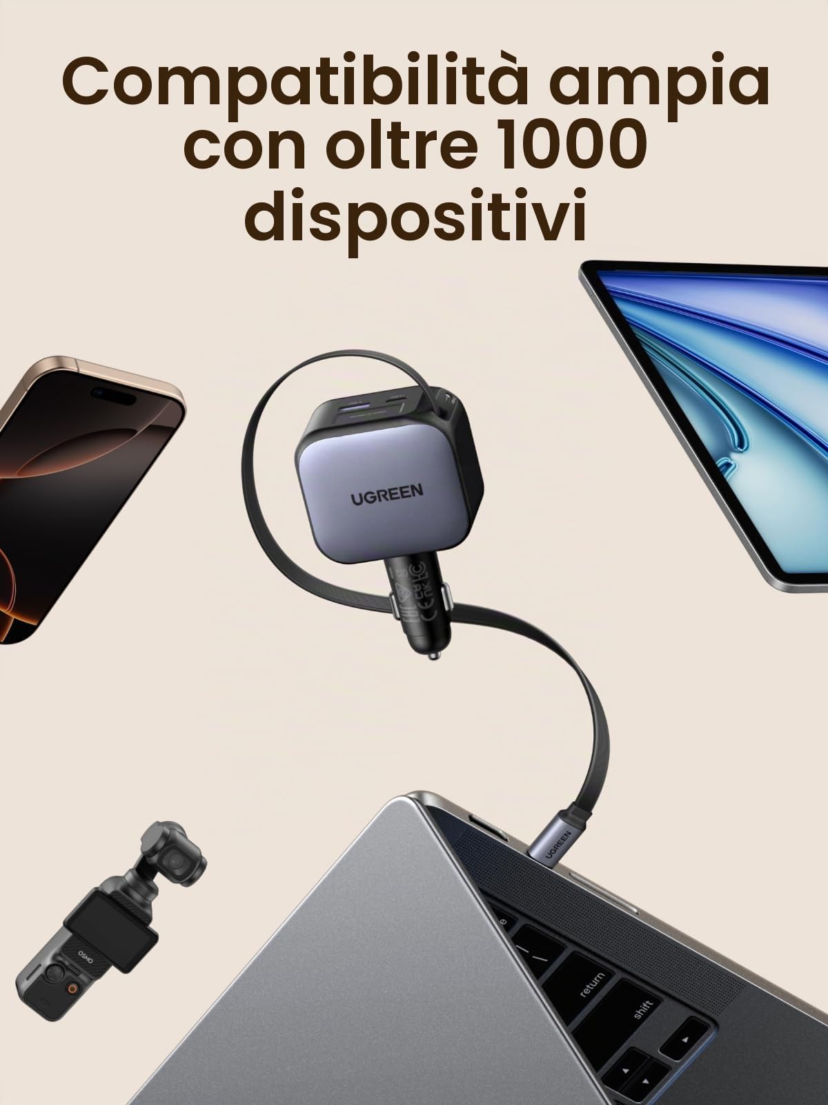 ugreen-nexode-caricatore-auto-usb-c-retrattile-90w-3-porte image 7
