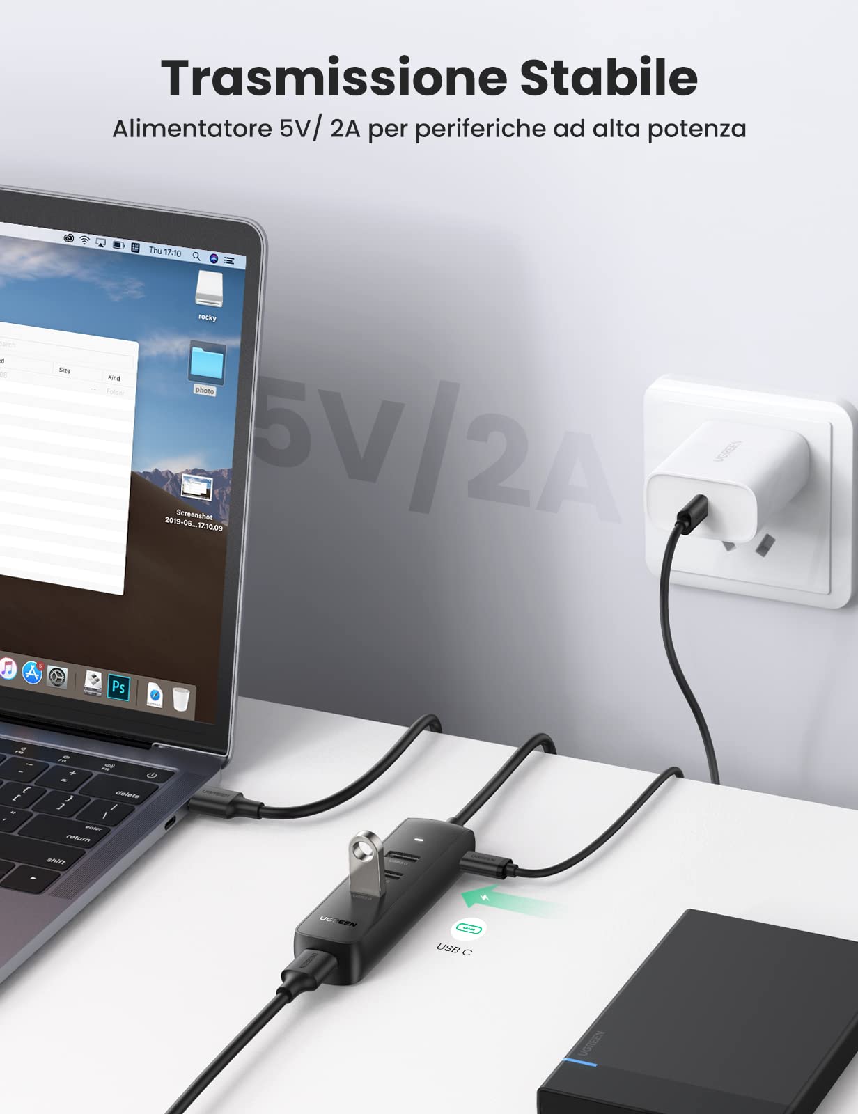 ugreen-hub-4-porte-usb-3-0-5gbps-con-cavo-1-metro-e-alimentazione-5v-2a image 3