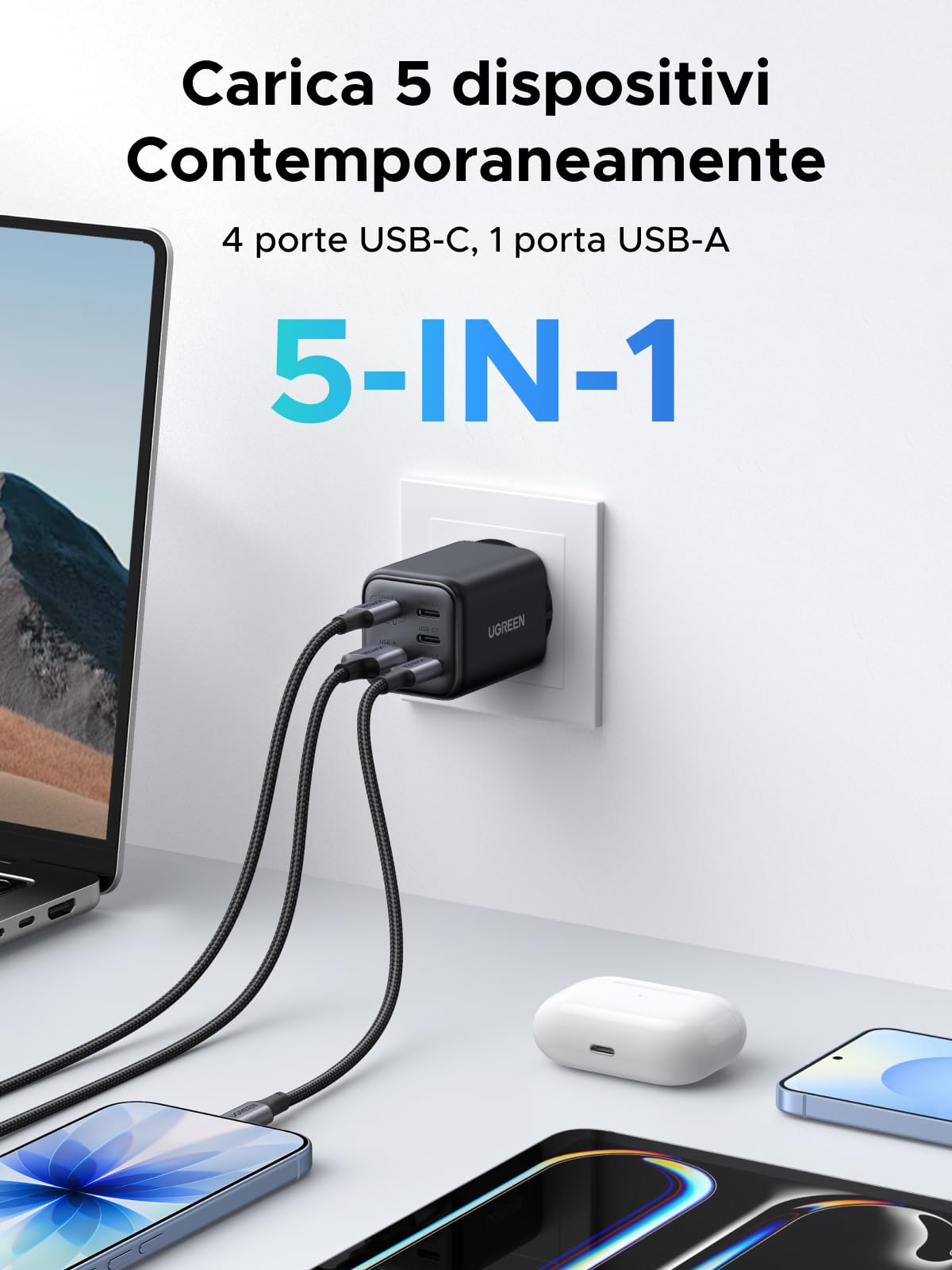 ugreen-caricatore-usb-c-45w-gan-5-porte-4c1a-per-iphone-17-galaxy-s25-e-macbook- image 3