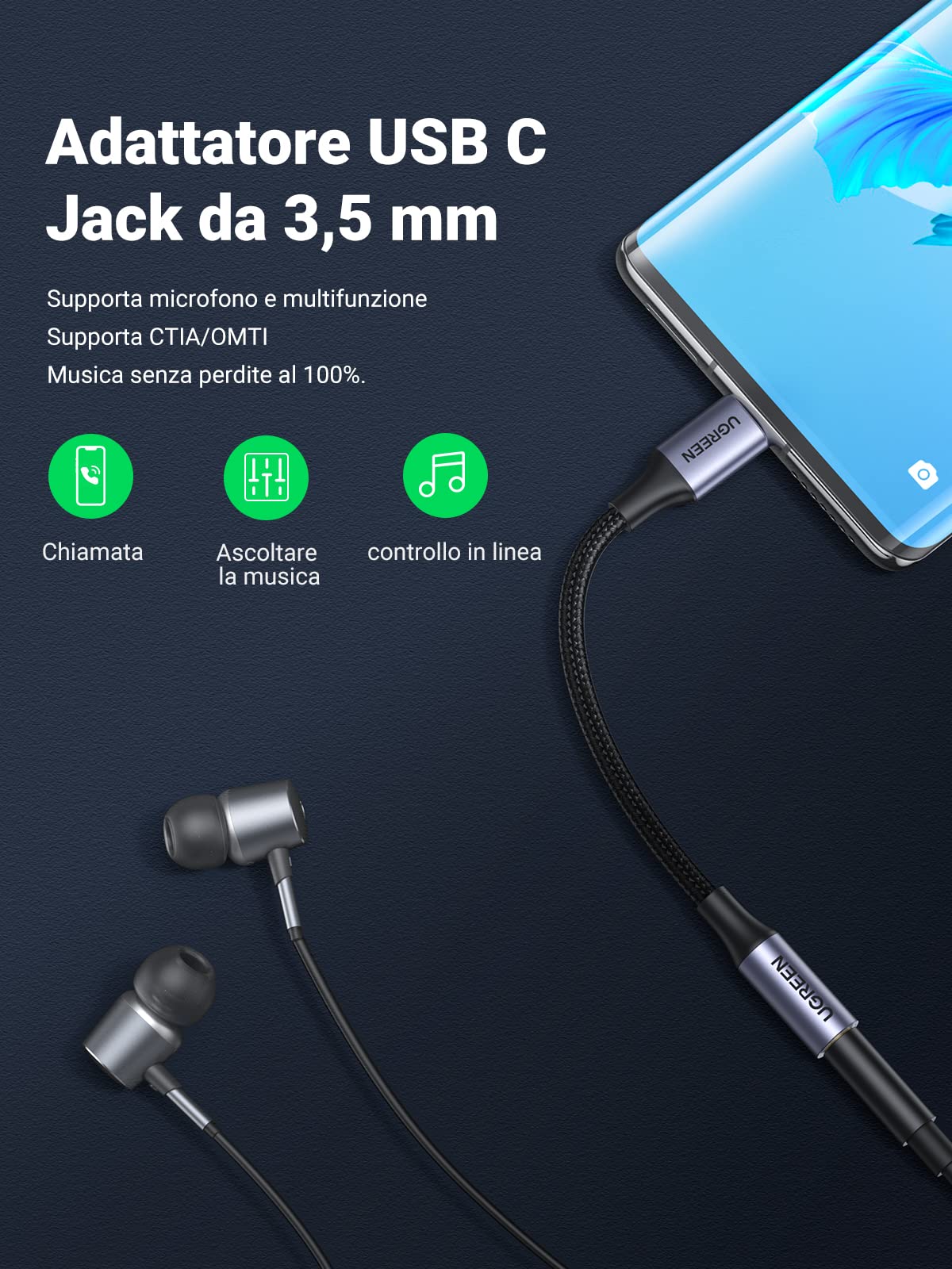 ugreen-adattatore-usb-c-a-jack-3-5mm-grigio-per-xiaomi-huawei-oneplus image 2