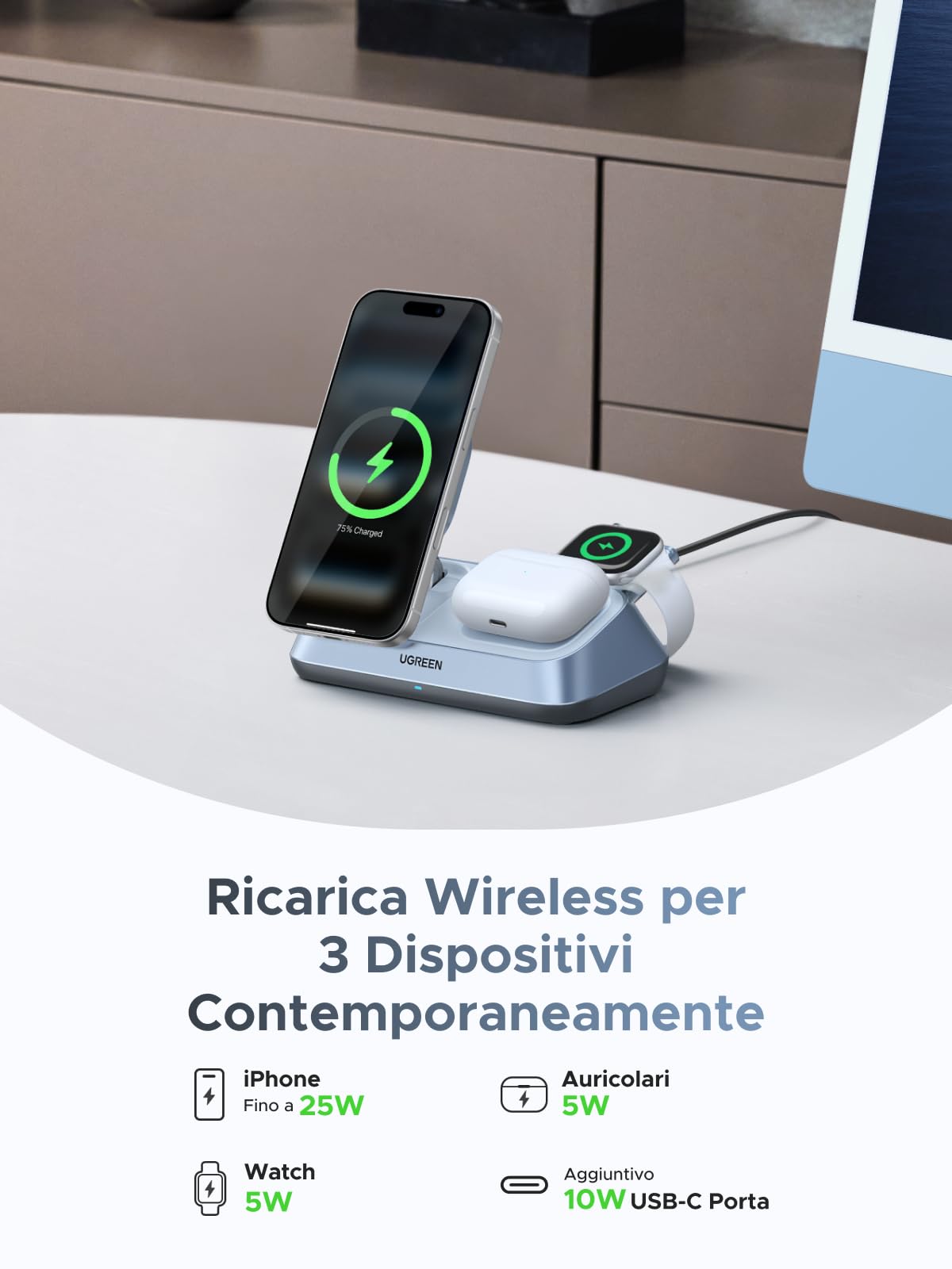ugreen-magflow-caricatore-wireless-magnetico-qi2-25w-3-in-1-per-iphone-airpods-e image 3