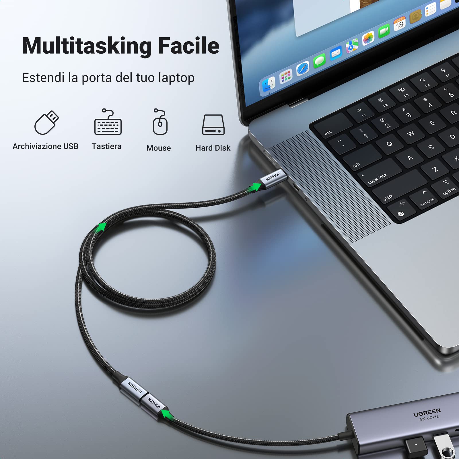 ugreen-nexode-cavo-prolunga-usb-c-3-2-10gbps-100w-4k-60hz-0-5m-grigio image 7