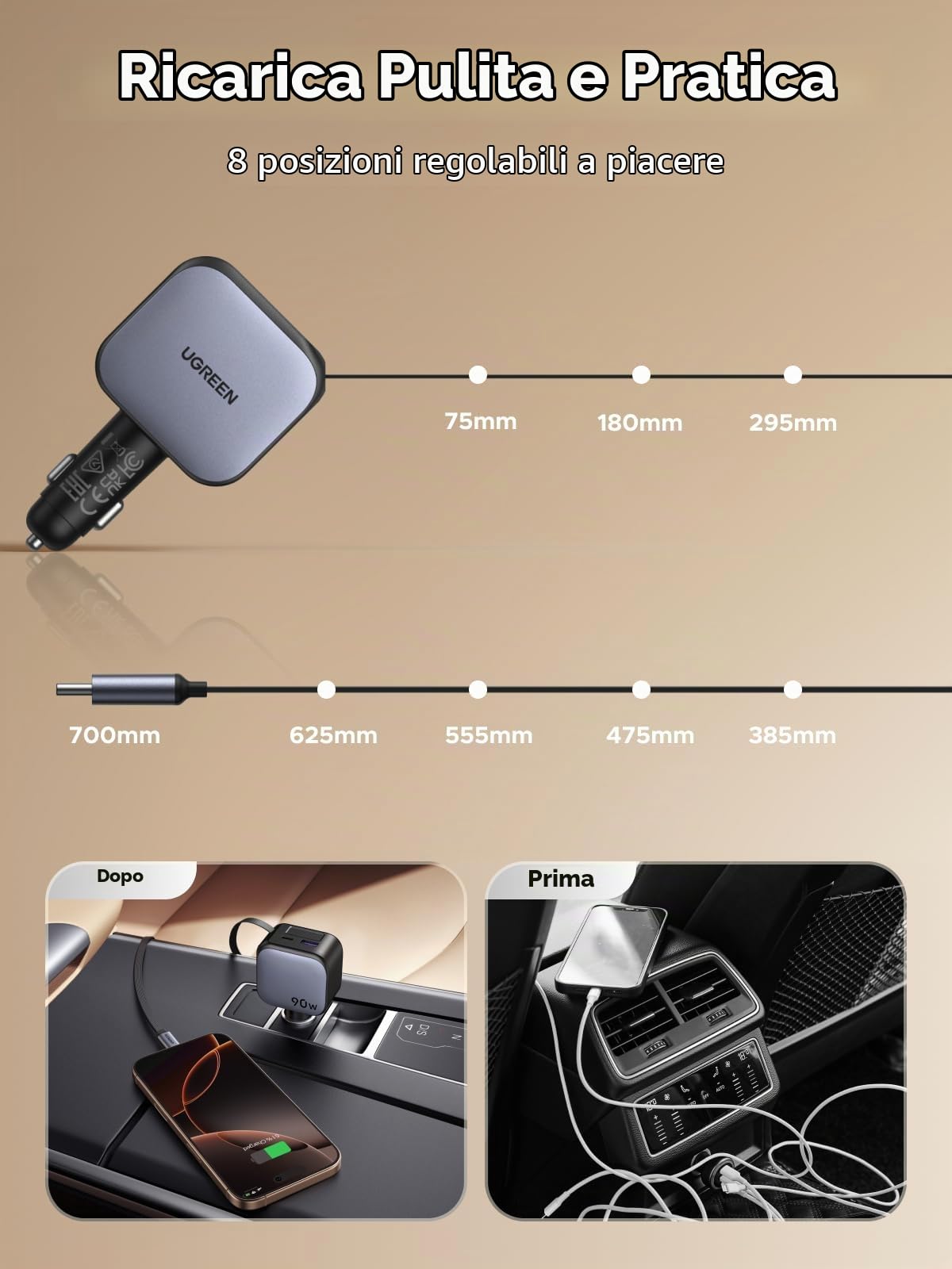 ugreen-nexode-caricatore-auto-usb-c-retrattile-90w-3-porte image 8