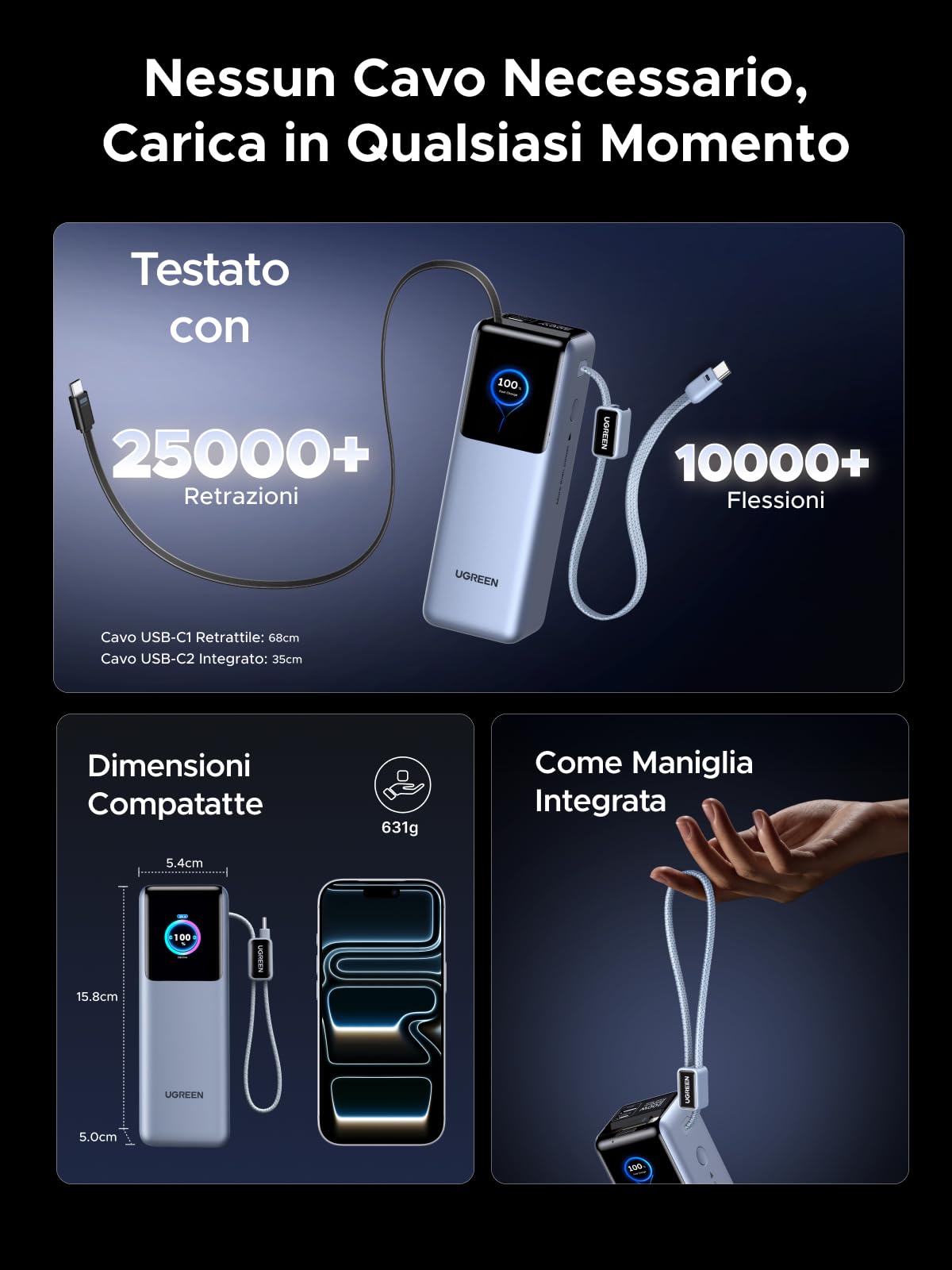 ugreen-nexode-pro-200w-power-bank-25000mah-usb-c-100w-con-2-cavi-integrati-e-dis image 7