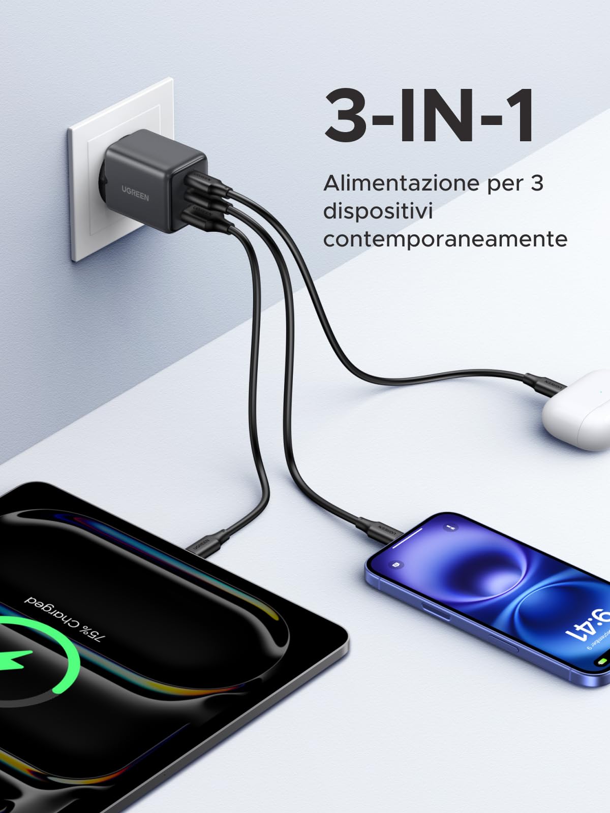 ugreen-zapix-caricatore-usb-c-30w-gan-3-porte-pd-nero image 2