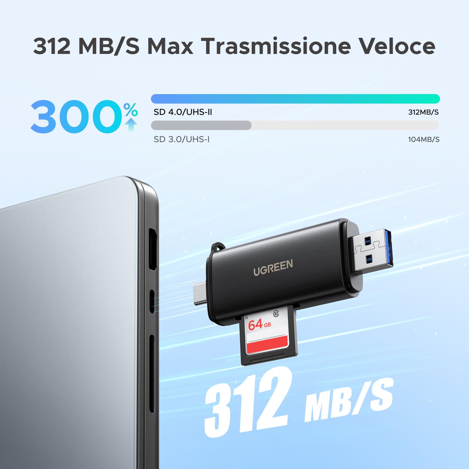ugreen-lettore-schede-sd-4-0-uhs-ii-usb-c-usb-a-312mb-s-alluminio-sd-microsd-2tb image 2