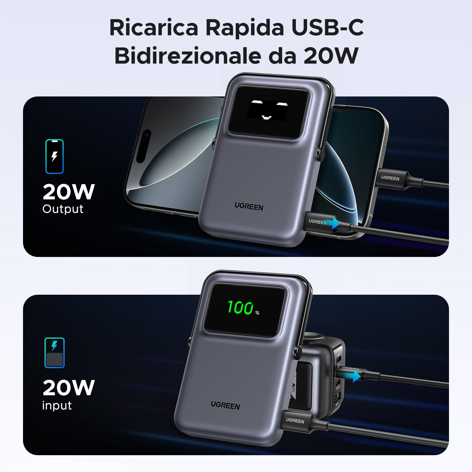 ugreen-uno-power-bank-magnetico-10000mah-pd-20w-con-cavo-usb-c-display-e-stand-n image 3