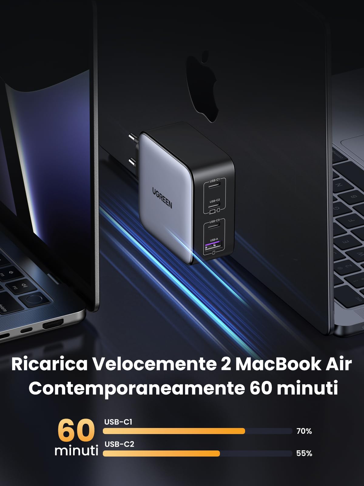 ugreen-nexode-caricatore-gan-100w-4-porte-3x-usb-c-usb-a-pd-3-0-per-macbook-ipho image 3