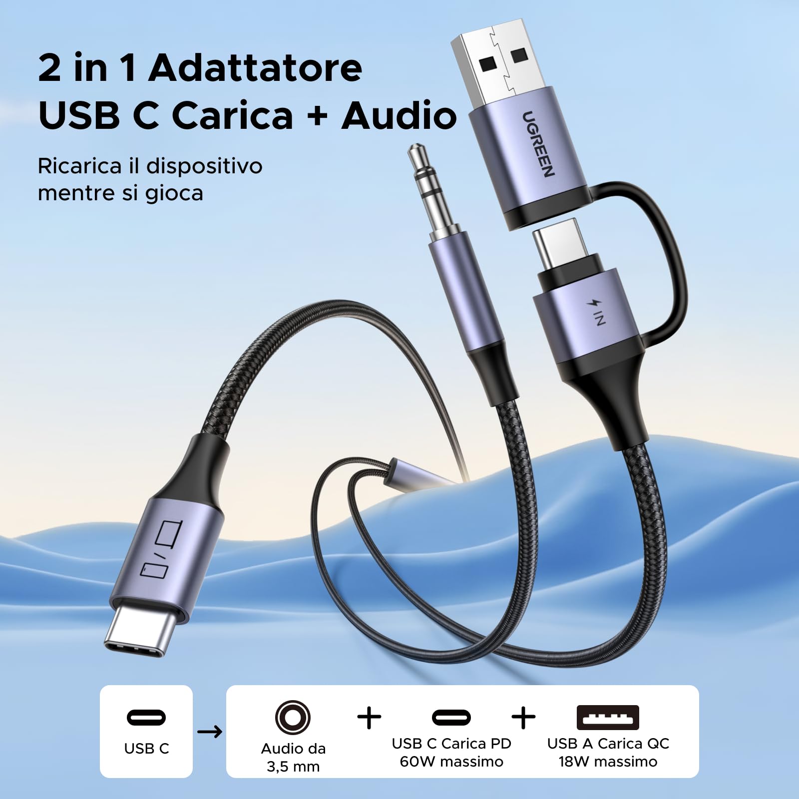 ugreen-cavo-adattatore-usb-c-a-jack-3-5mm-2-in-1-con-ricarica-pd-60w-1-5m image 2