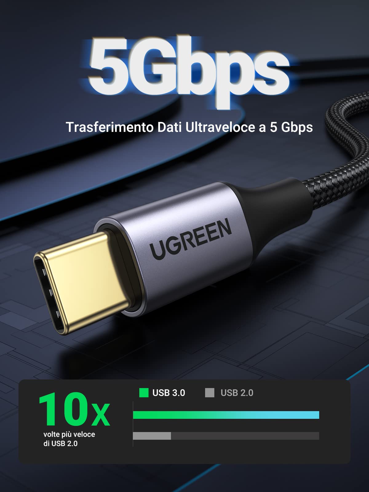 ugreen-cavo-usb-a-a-usb-c-3-0-5gbps-3a-ricarica-rapida-1m-nylon image 2