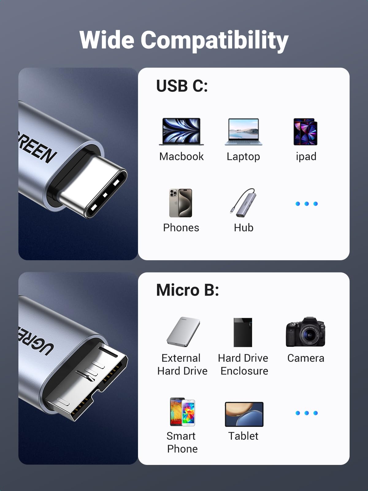 ugreen-cavo-usb-c-a-micro-usb-3-0-10gbps-0-5m-per-ssd-e-hard-disk-esterni image 2
