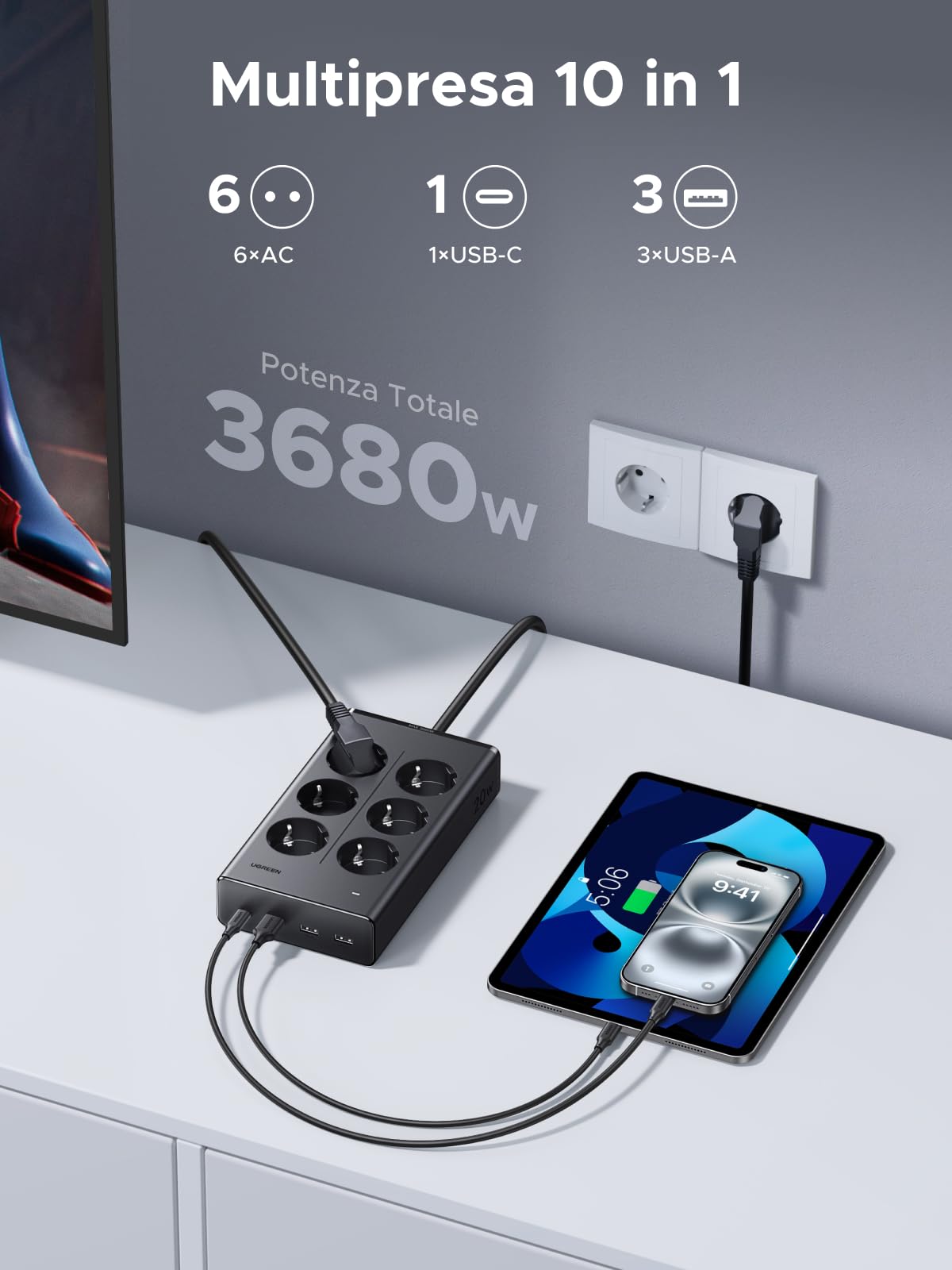 ugreen-ciabatta-multipresa-10-in-1-3680w-6-prese-ac-pd-20w-usb-c image 2