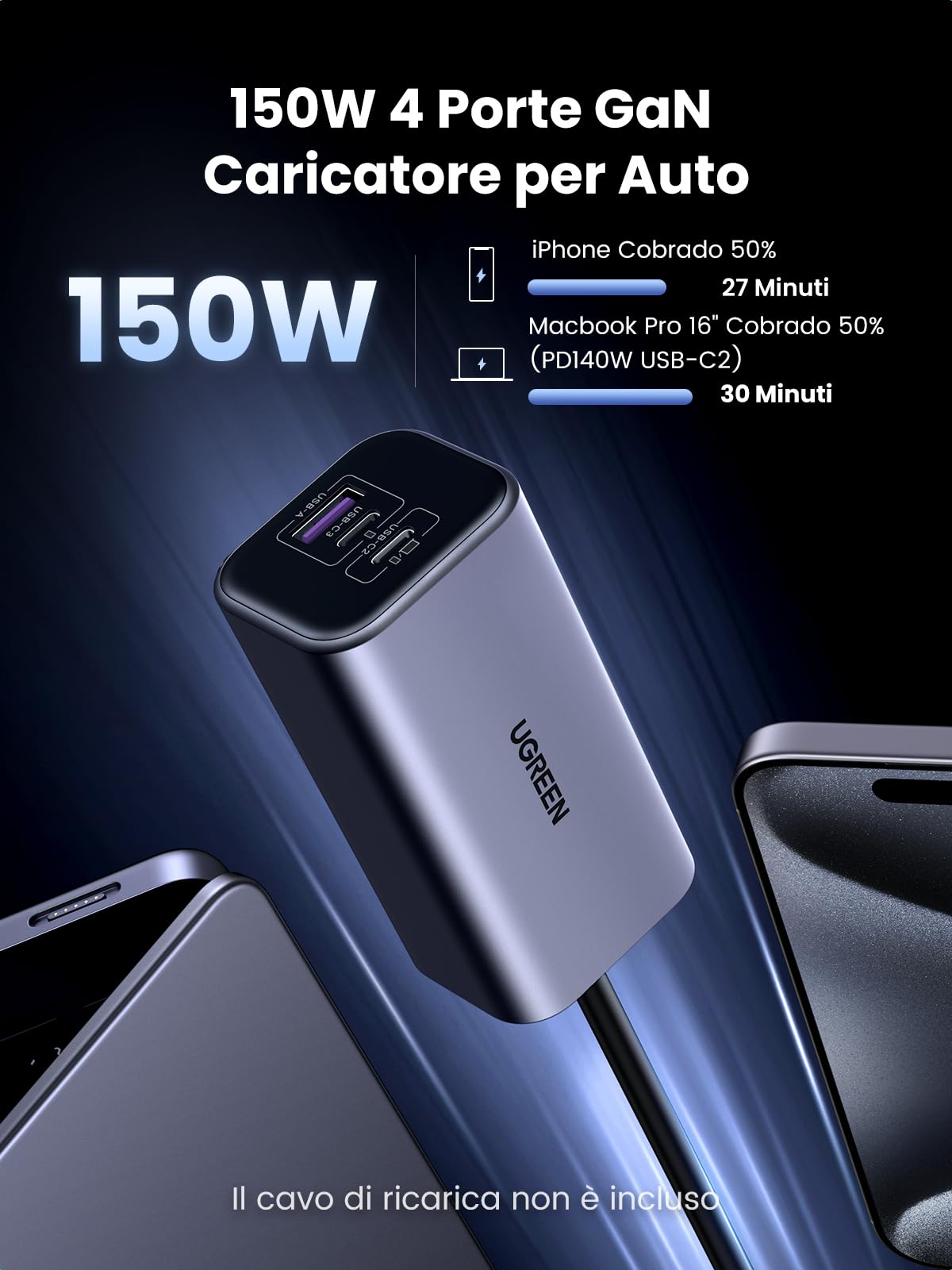 ugreen-150w-caricatore-auto-usb-c-gan-4-porte-con-pd-3-1-140w image 2