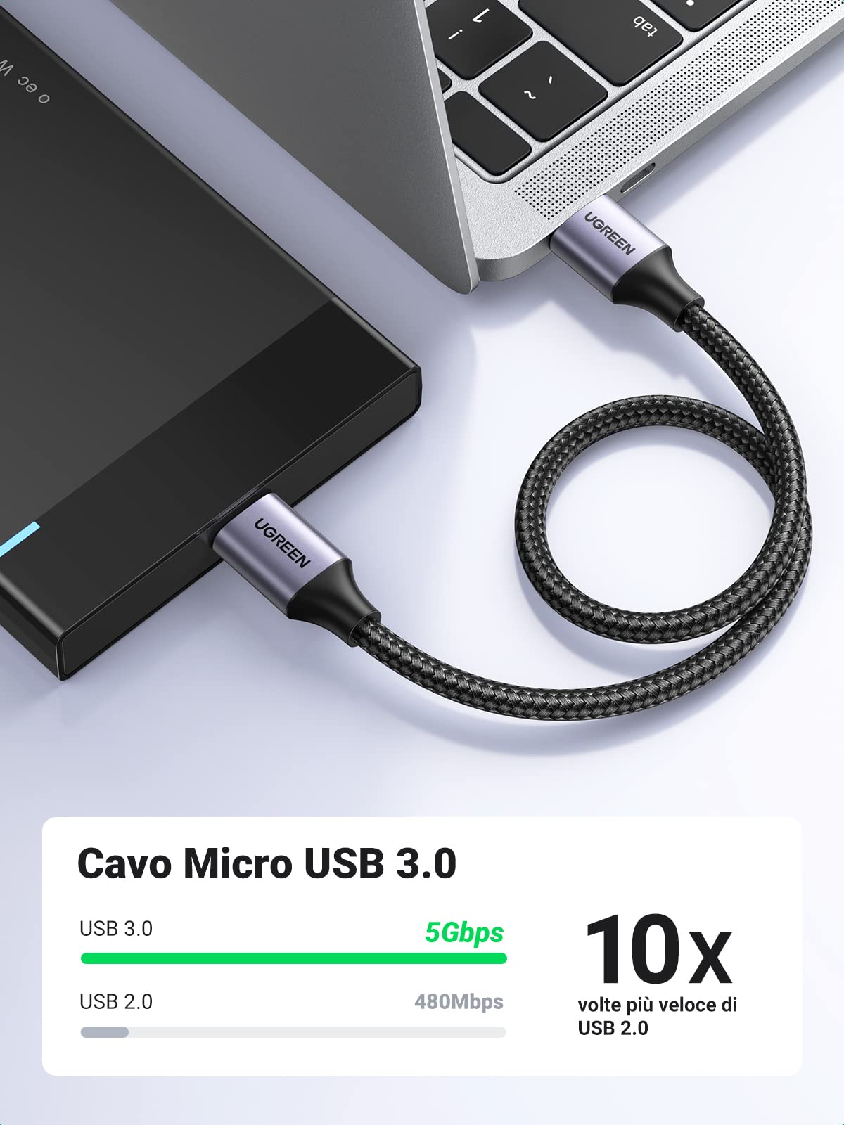 ugreen-cavo-micro-b-a-usb-3-0-a-0-5m-5gbps-nylon image 2