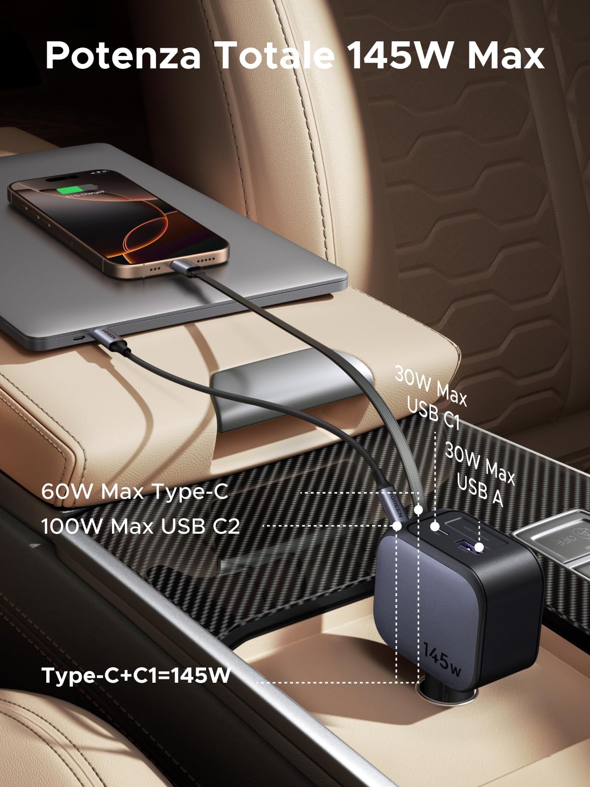 ugreen-nexode-caricatore-auto-145w-4-in-1-usb-c-retrattile-100w image 2