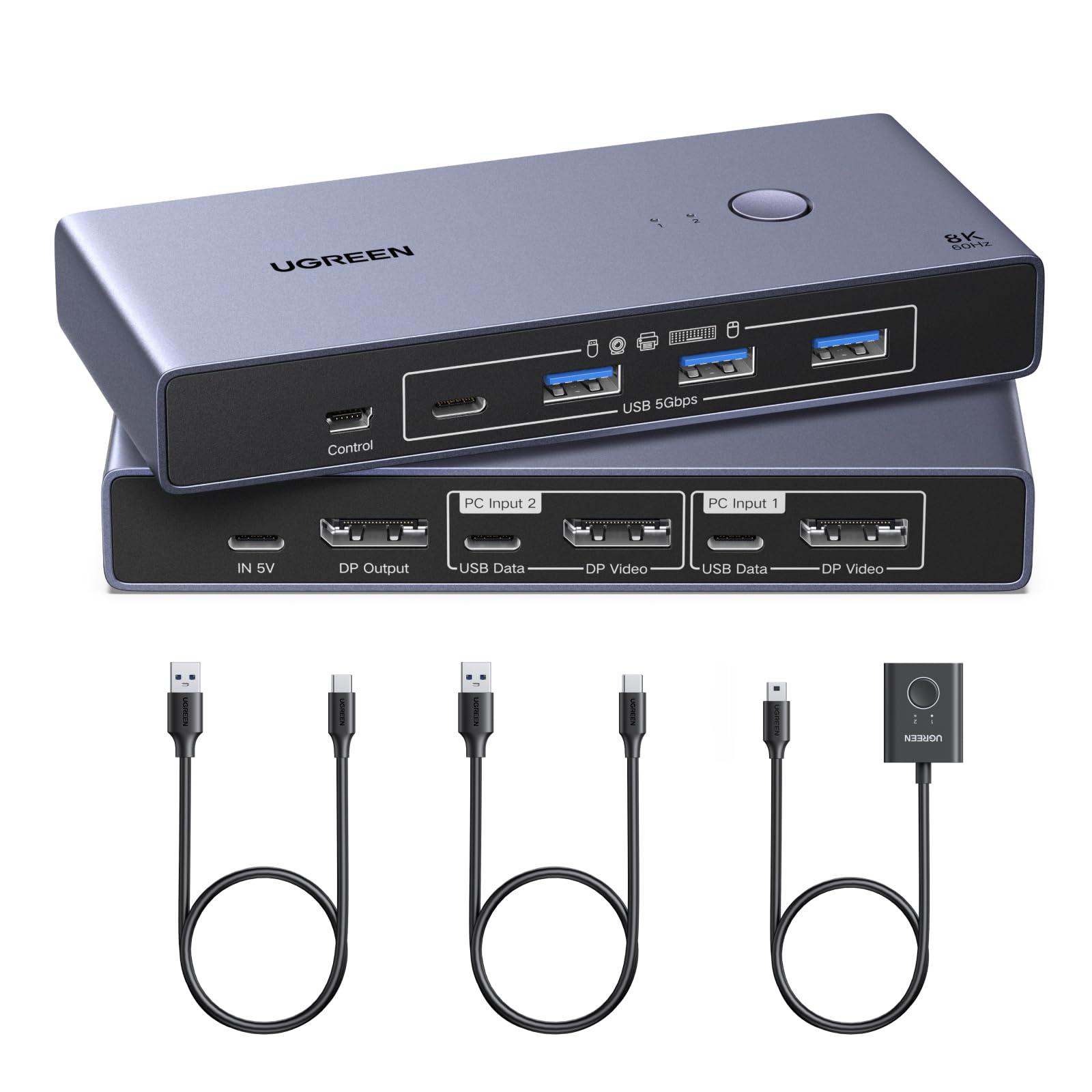 ugreen-switch-kvm-displayport-2x1-8k-60hz-con-4-porte-usb-5gbps image 1