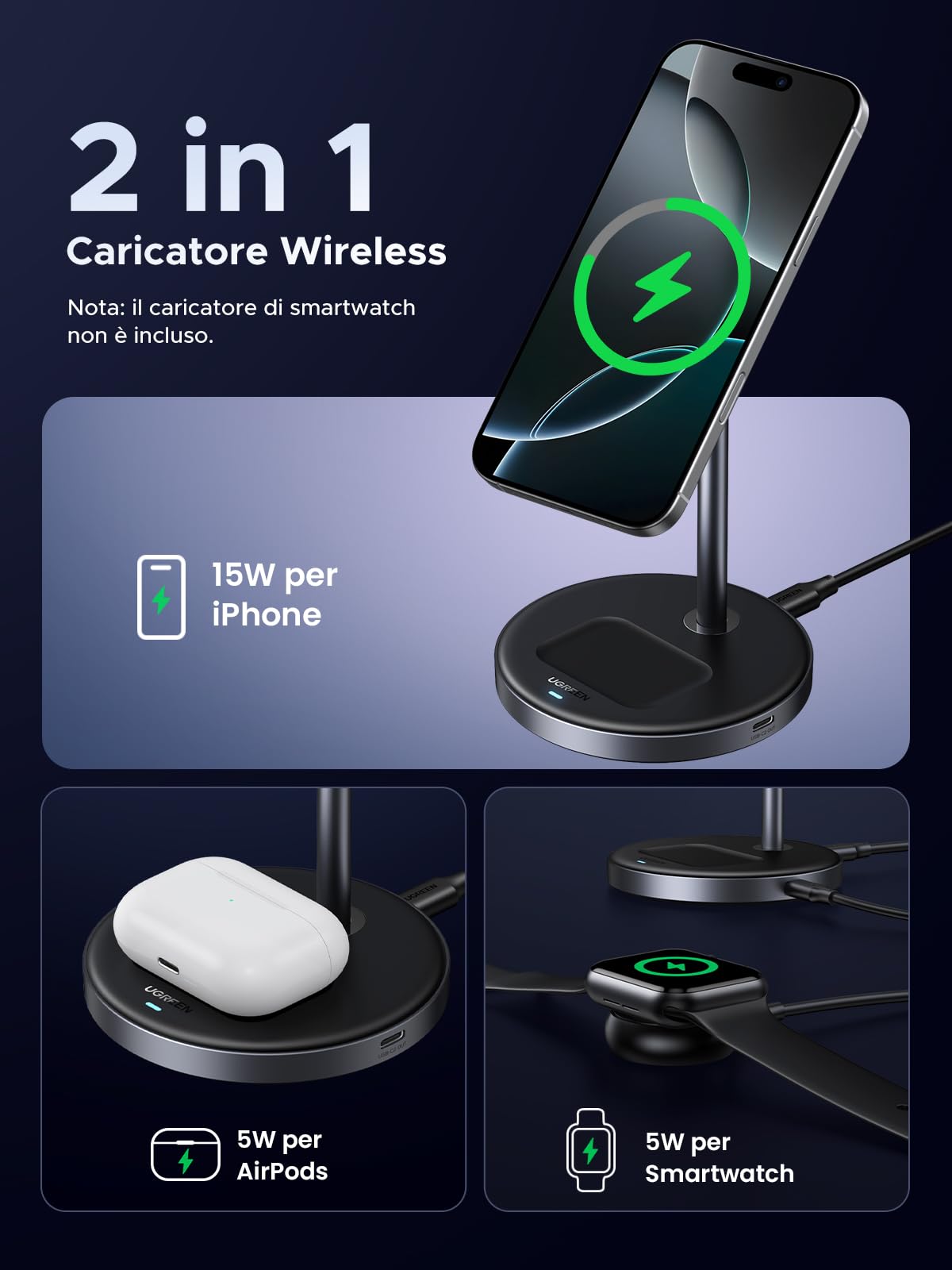 ugreen-magflow-qi2-15w-stazione-di-ricarica-wireless-magnetica-2-in-1-per-iphone image 3