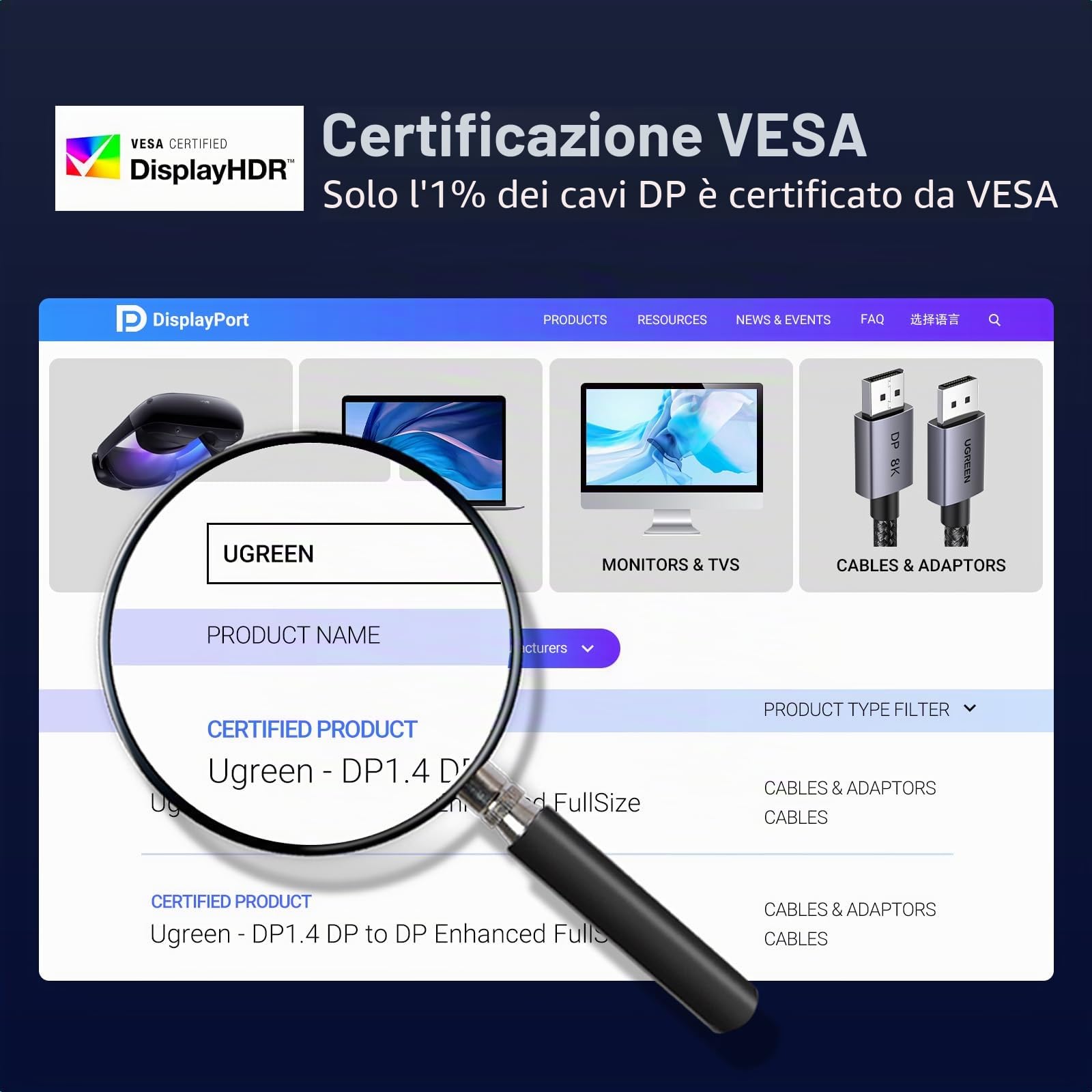 ugreen-cavo-displayport-1-4-8k-60hz-2m-certificato-vesa-in-nylon image 2