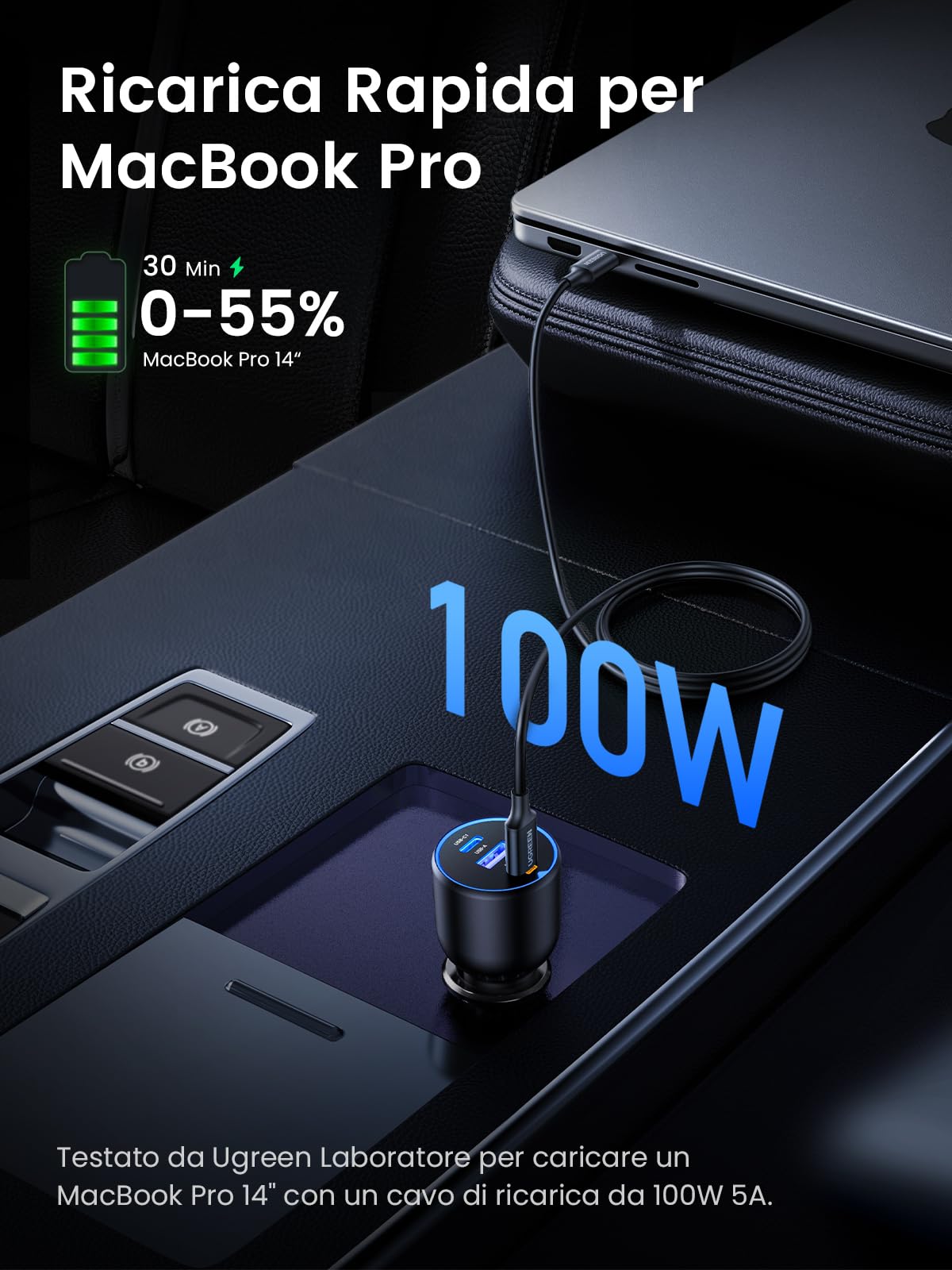 ugreen-caricatore-auto-usb-c-130w-3-porte-100w-pd-qc-3-0-12-24v image 4
