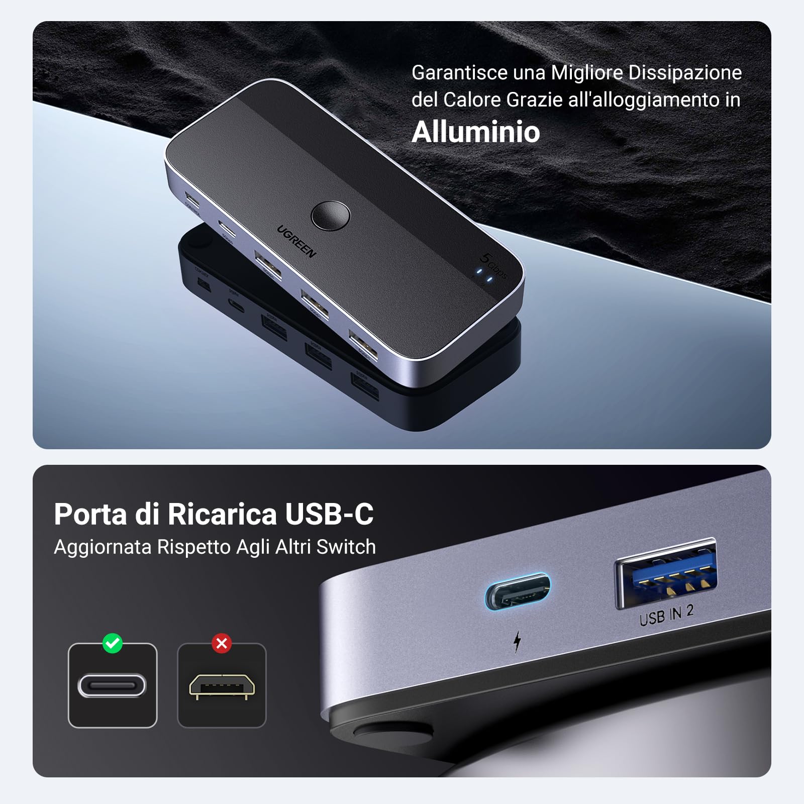 ugreen-switch-kvm-usb-3-0-5-gbps-2-in-4-out-con-controllo-da-tavolo image 6