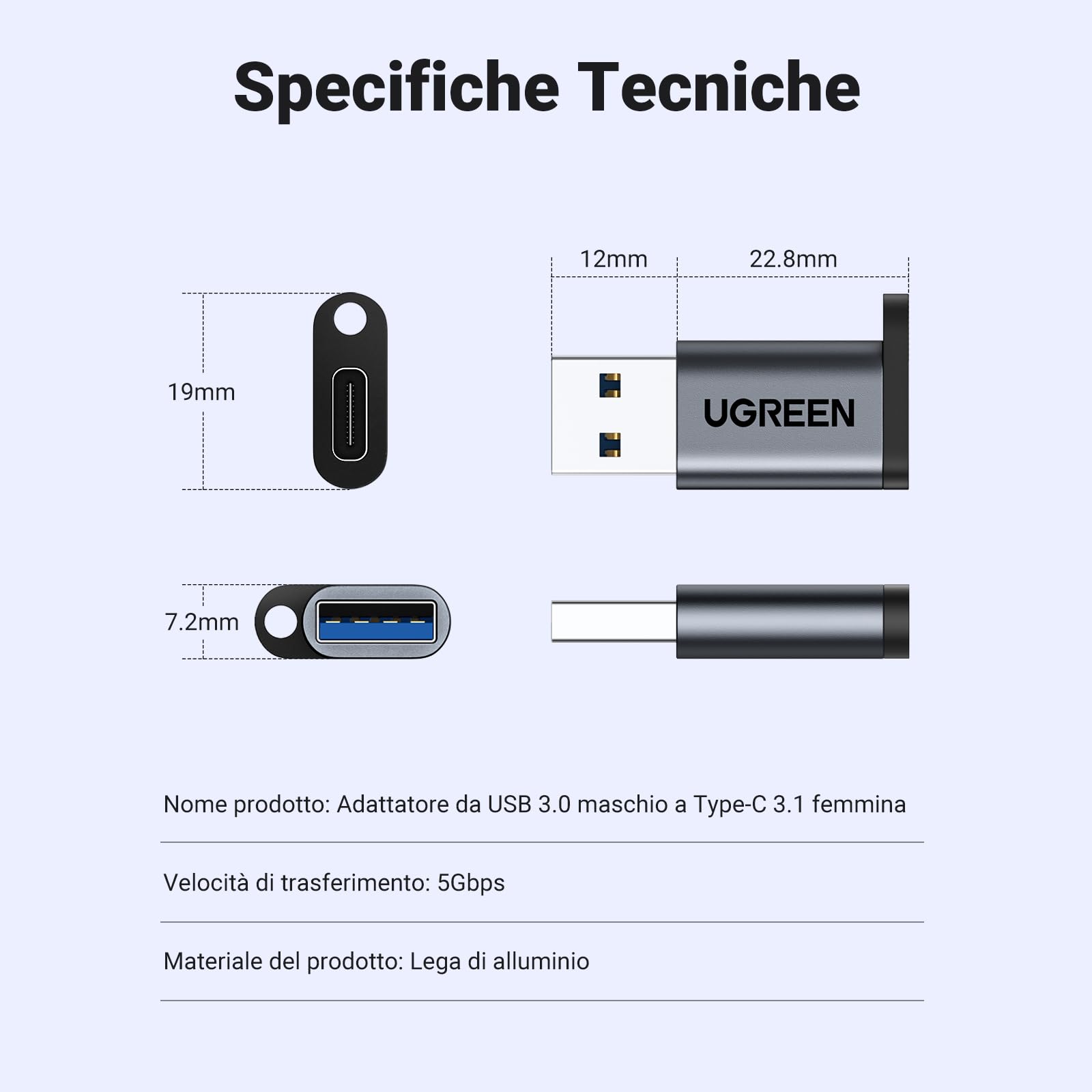 ugreen-adattatore-usb-c-femmina-a-usb-a-maschio-3-0-5gbps-3a-nero image 7