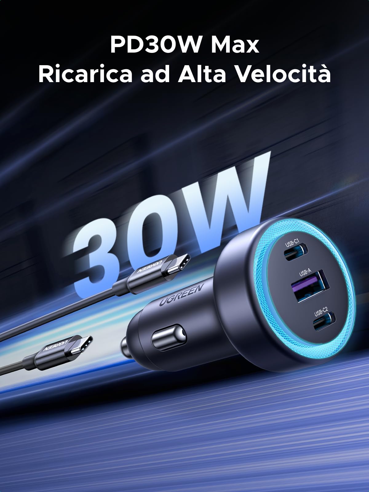 ugreen-caricatore-auto-usb-c-30w-pd-qc-3-0-a-3-porte-accendisigari image 2