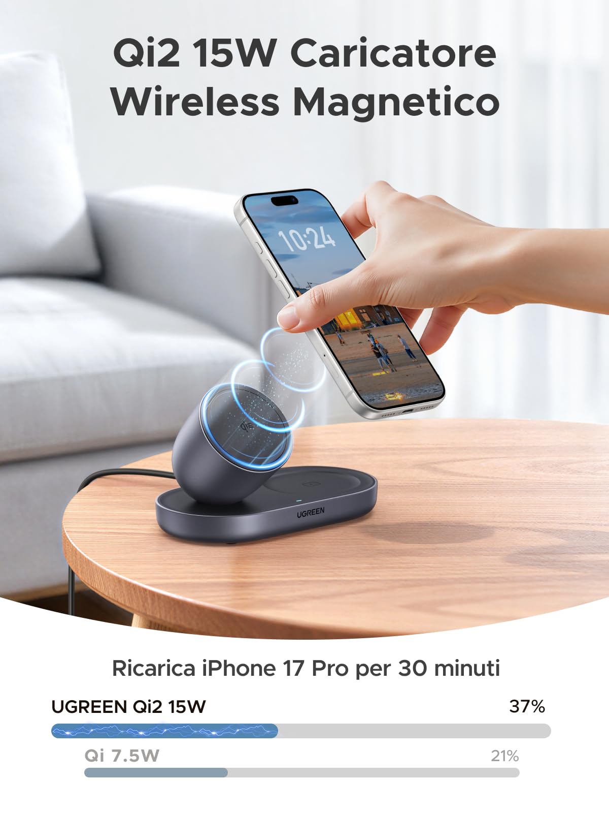 ugreen-zapix-caricatore-wireless-2in1-magsafe-qi2-15w-grigio image 2