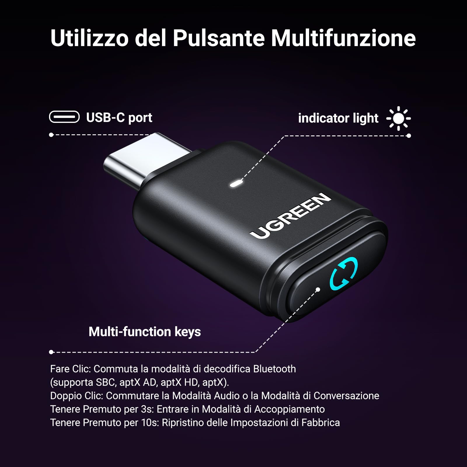 ugreen-trasmettitore-bluetooth-5-3-usb-c-aptx-adaptive-per-switch-e-pc image 5