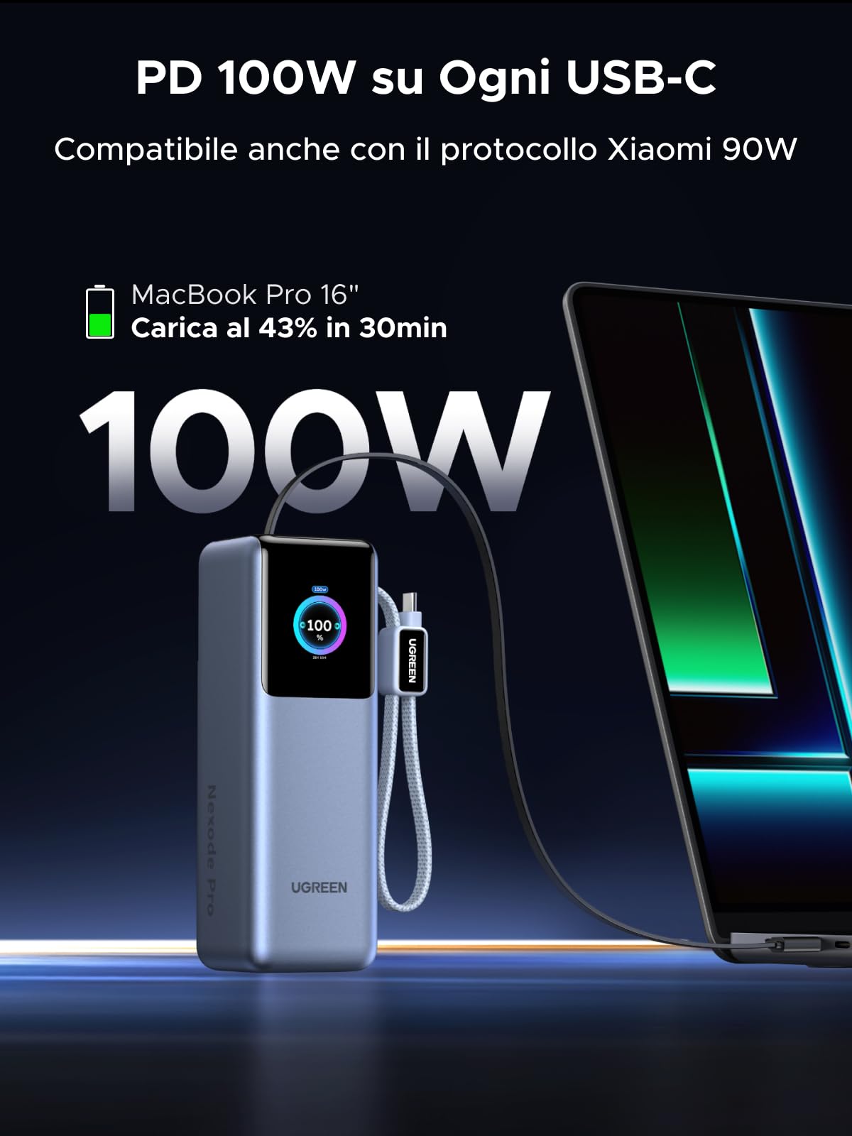 ugreen-nexode-pro-200w-power-bank-25000mah-usb-c-100w-con-2-cavi-integrati-e-dis image 4