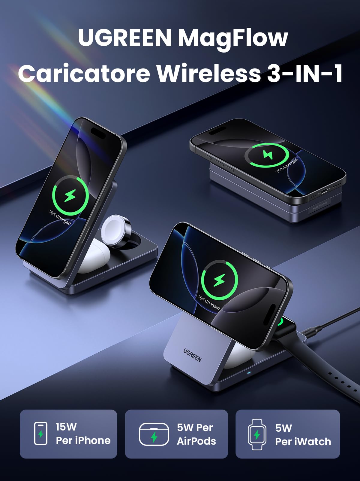 ugreen-magflow-qi2-caricatore-wireless-3-in-1-15w-per-iphone-airpods-e-apple-wat image 3