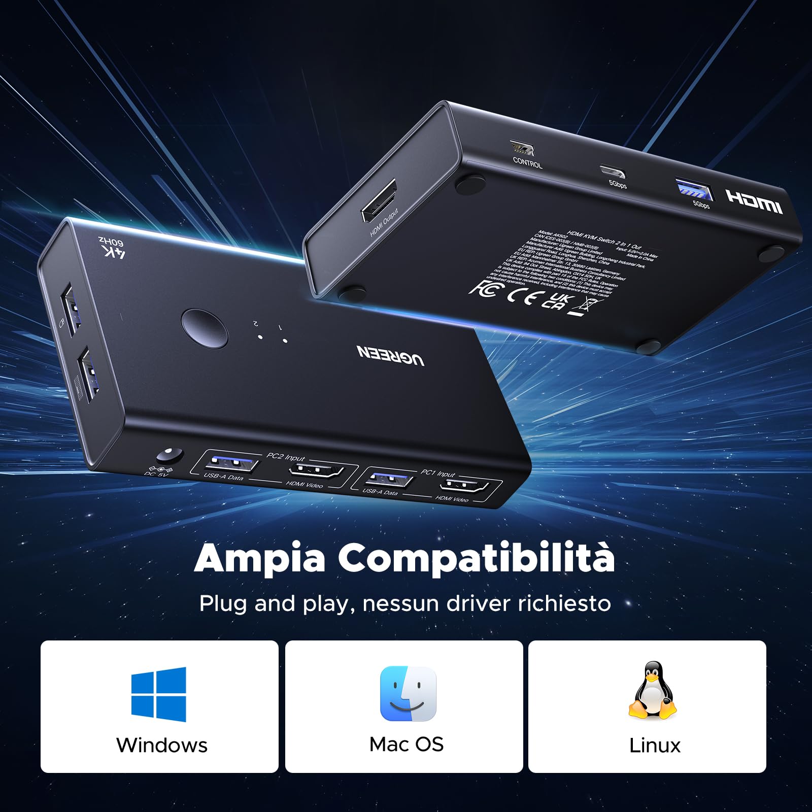 ugreen-switch-kvm-hdmi-4k-60hz-2-ingressi-1-uscita-con-4-porte-usb-3-0-e-control image 7