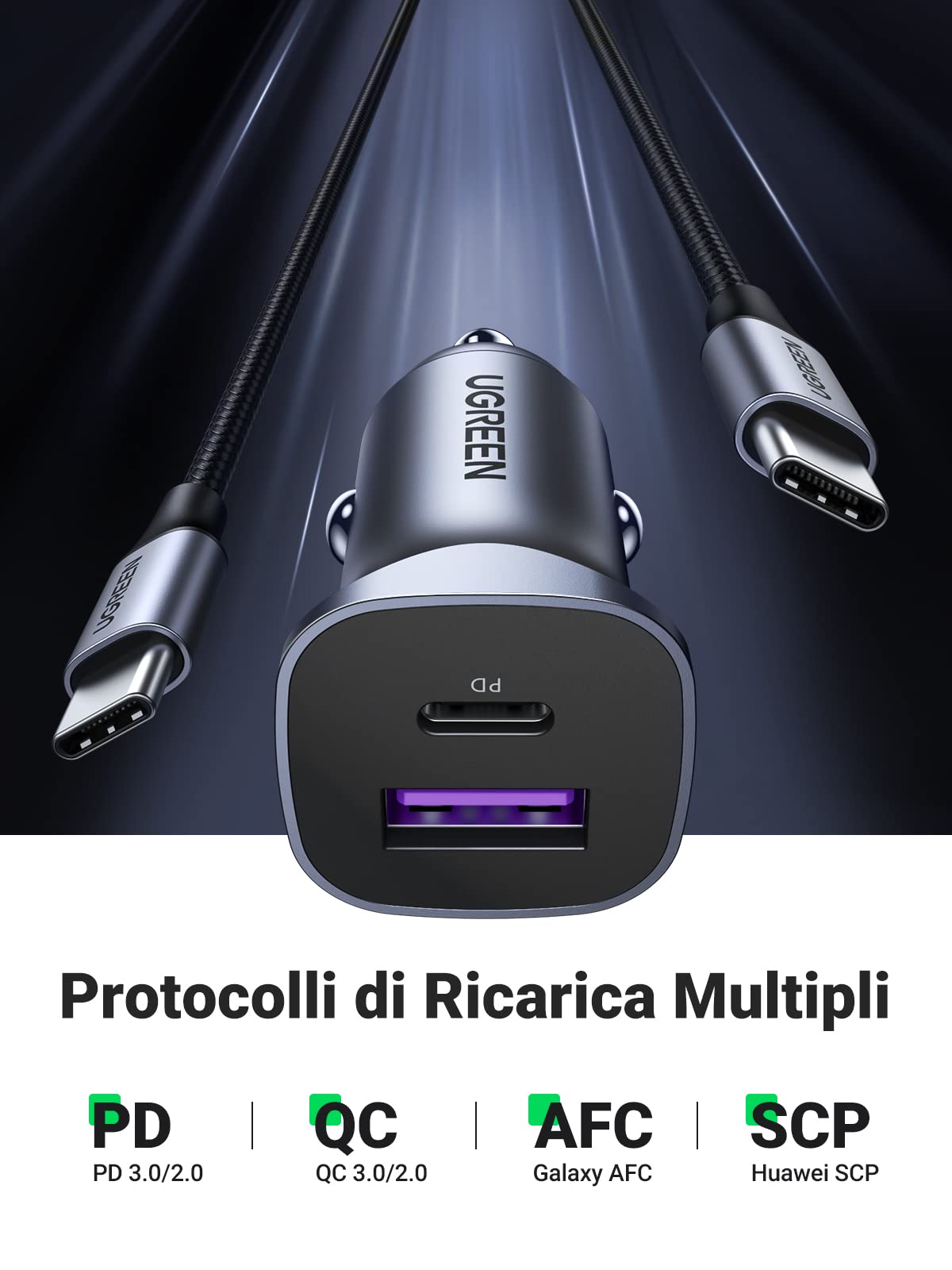 ugreen-caricatore-auto-usb-c-30w-2-porte-pd-qc-3-0-con-cavo-usb-a-usb-c-1m image 2