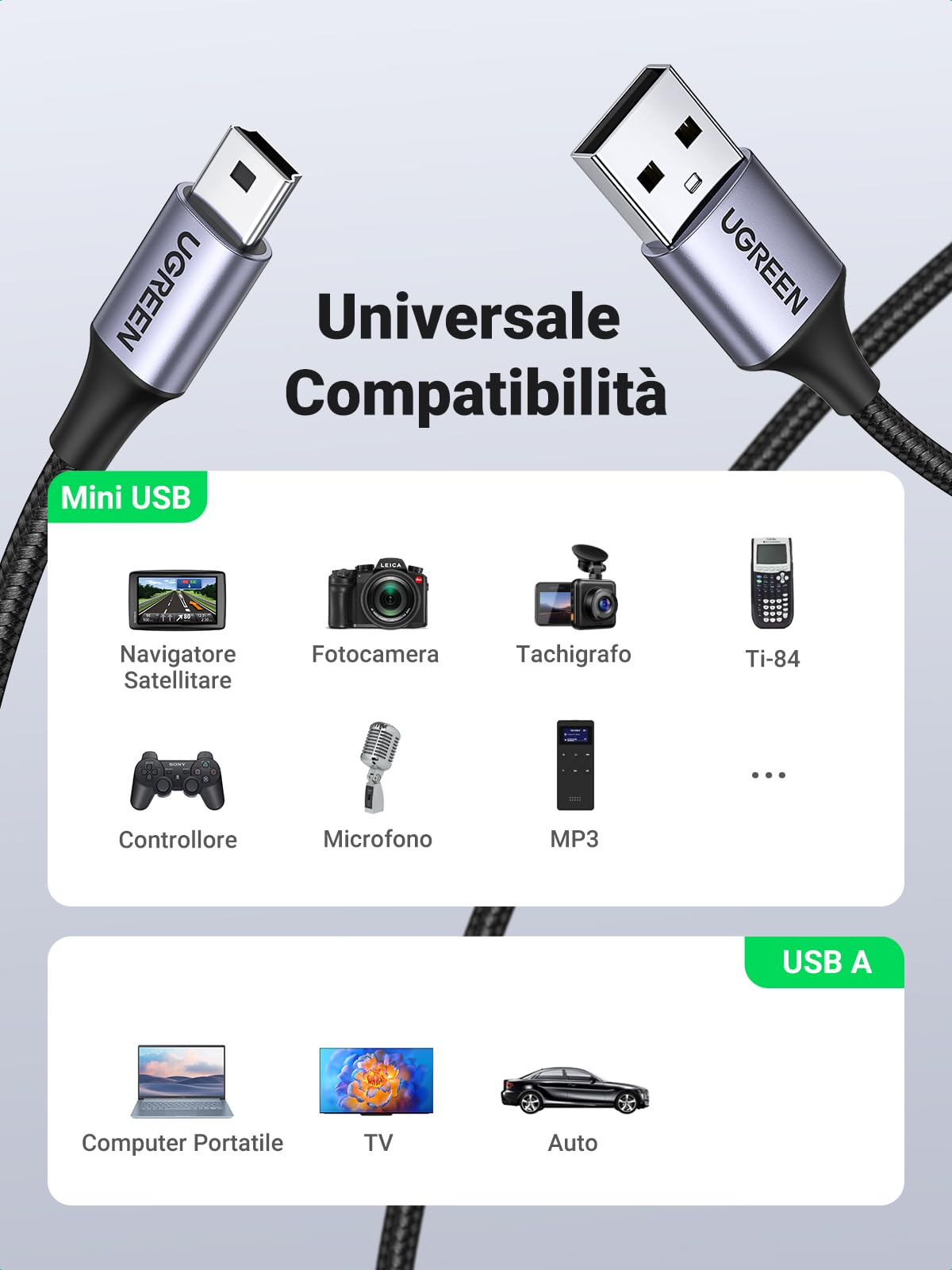 ugreen-cavo-usb-a-2-0-a-mini-b-nylon-1m-ricarica-2a-480mbps image 2