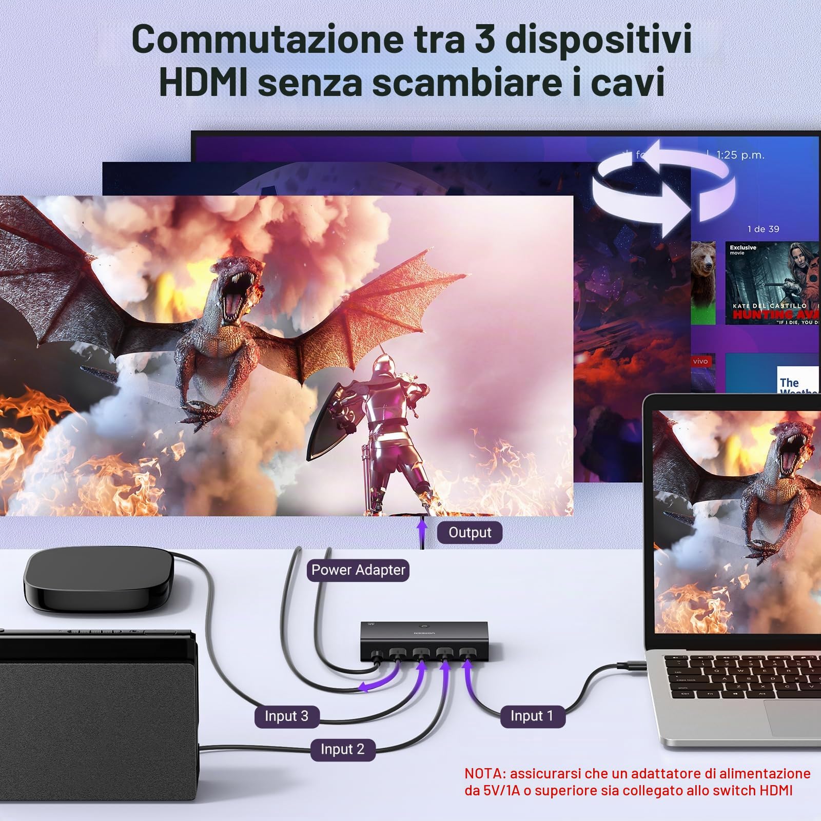ugreen-switch-hdmi-3-ingressi-1-uscita-4k-60hz-con-telecomando-ir image 2