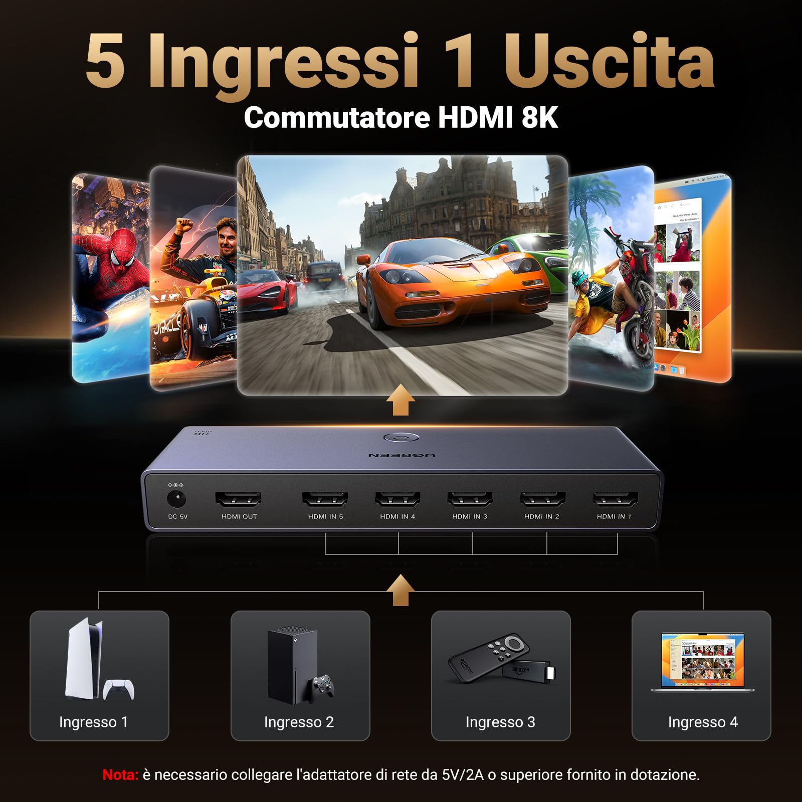 ugreen-switch-hdmi-2-1-8k-60hz-5-ingressi-1-uscita-con-telecomando image 2