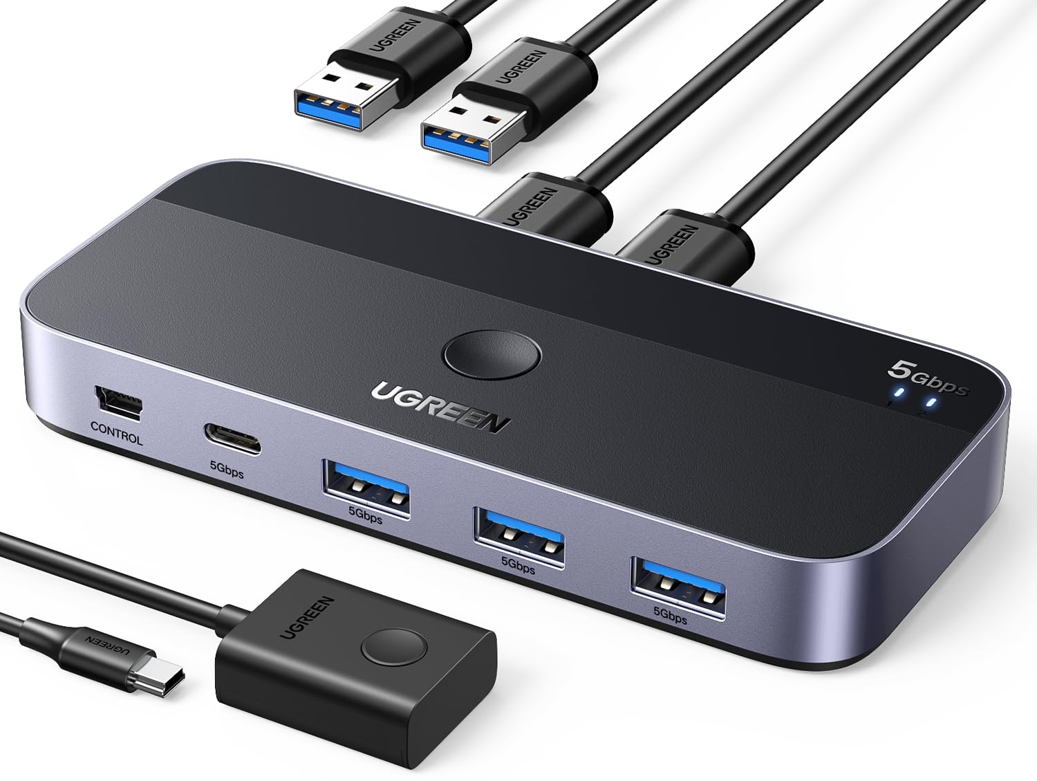 ugreen-switch-kvm-usb-3-0-5-gbps-2-in-4-out-con-controllo-da-tavolo image 1