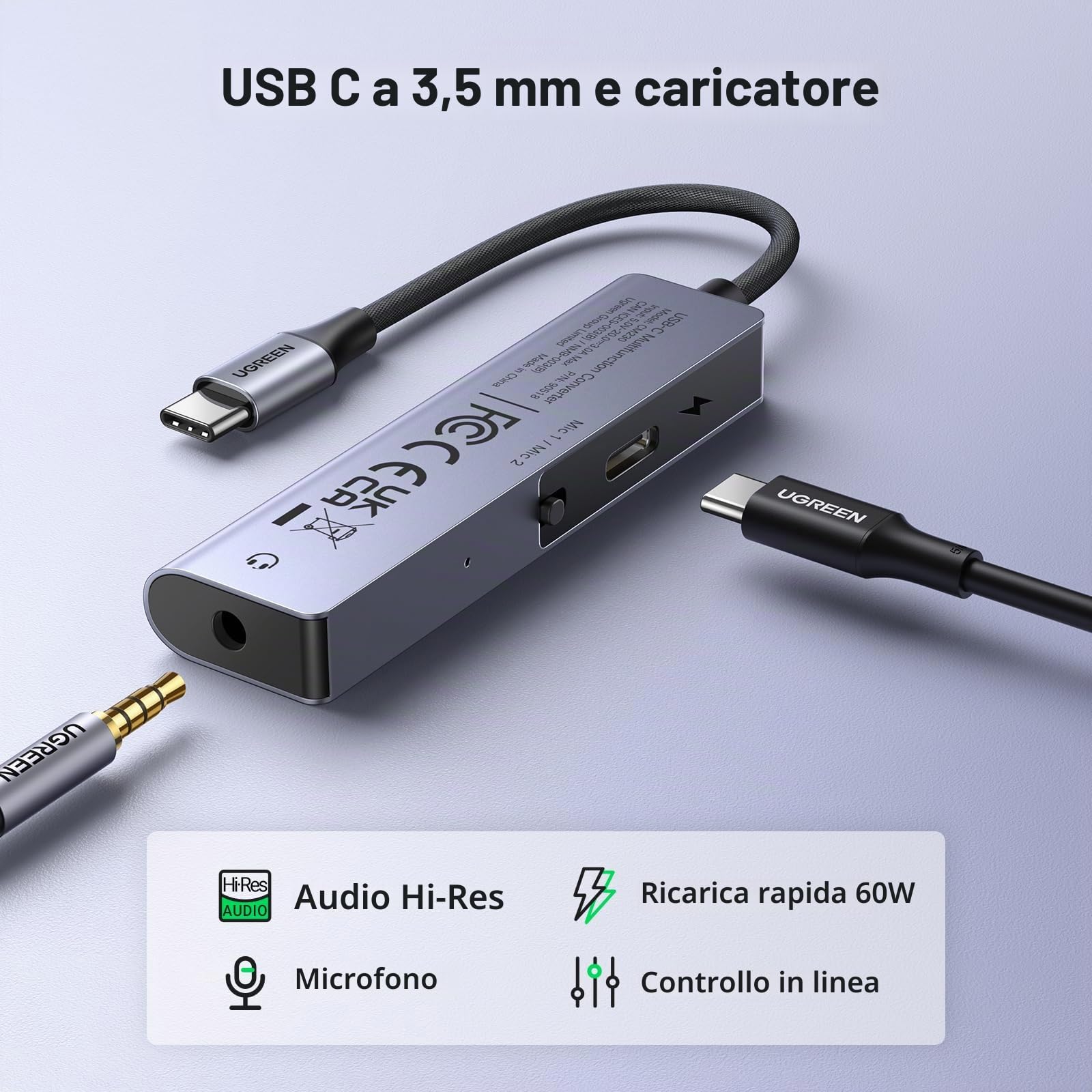 ugreen-adattatore-usb-c-2-in-1-jack-3-5mm-hi-res-32bit-384khz-pd-60w image 2