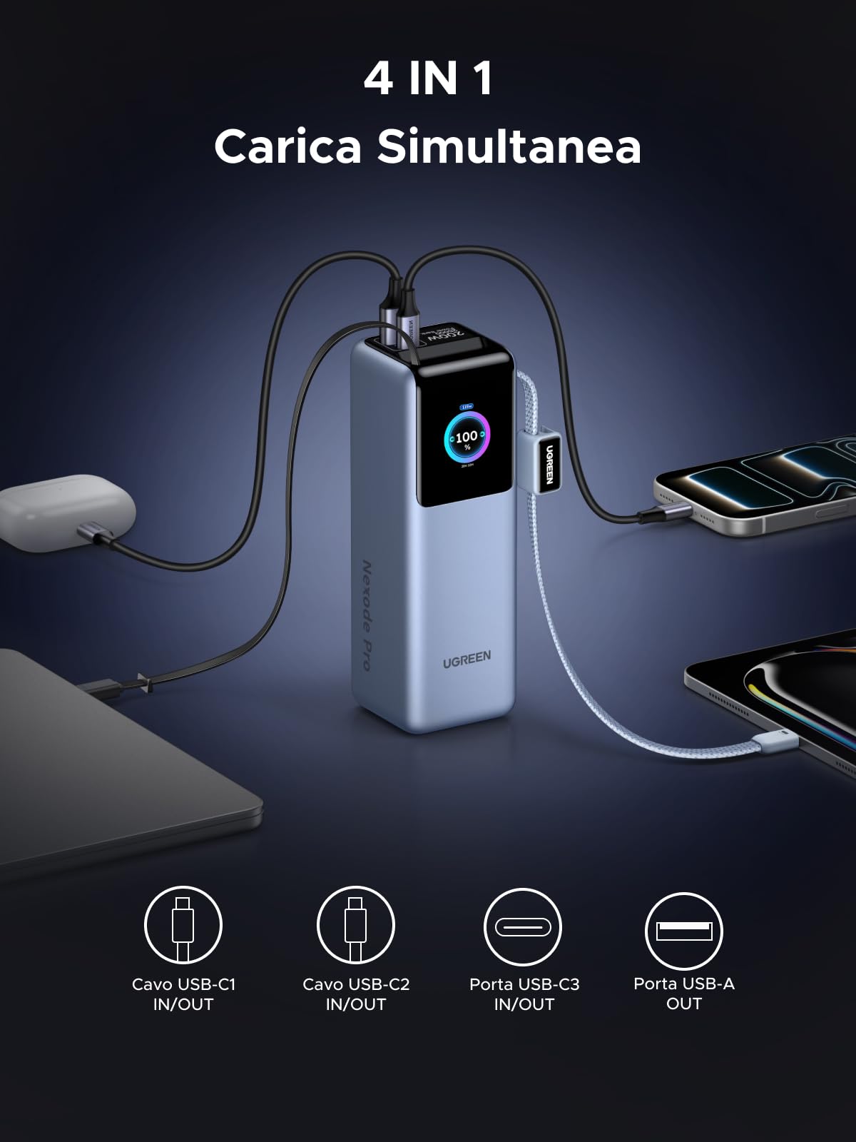 ugreen-nexode-pro-200w-power-bank-25000mah-usb-c-100w-con-2-cavi-integrati-e-dis image 6