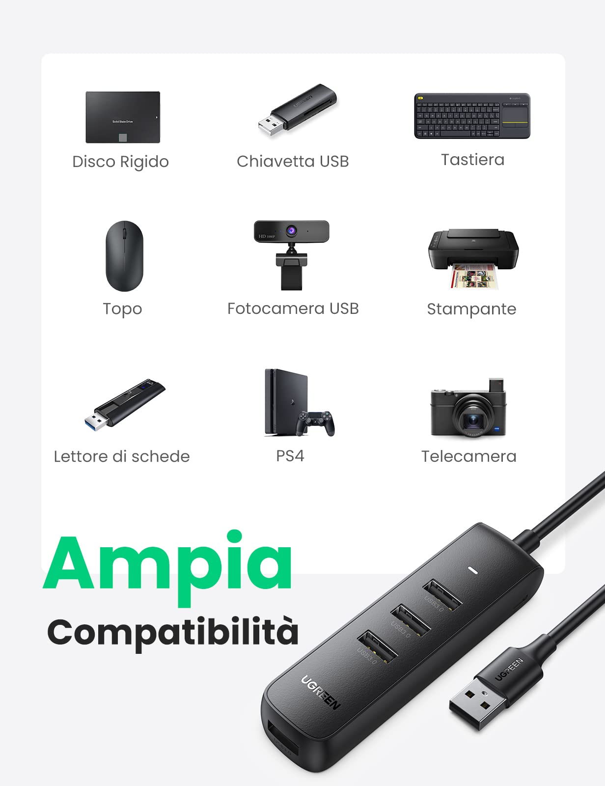 ugreen-hub-4-porte-usb-3-0-5gbps-con-cavo-1-metro-e-alimentazione-5v-2a image 6