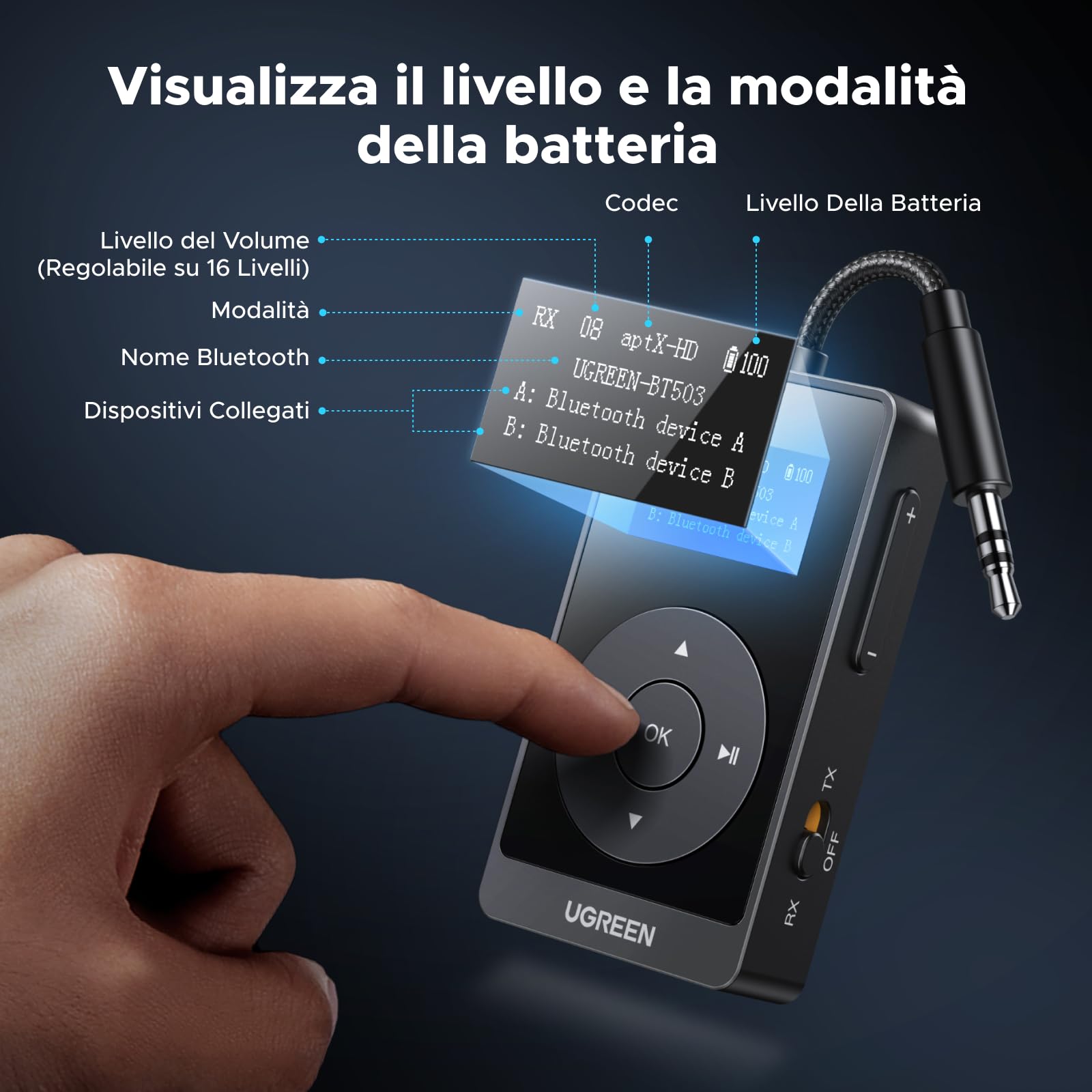 ugreen-trasmettitore-ricevitore-bluetooth-5-3-aptx-con-display-lcd-32h image 5